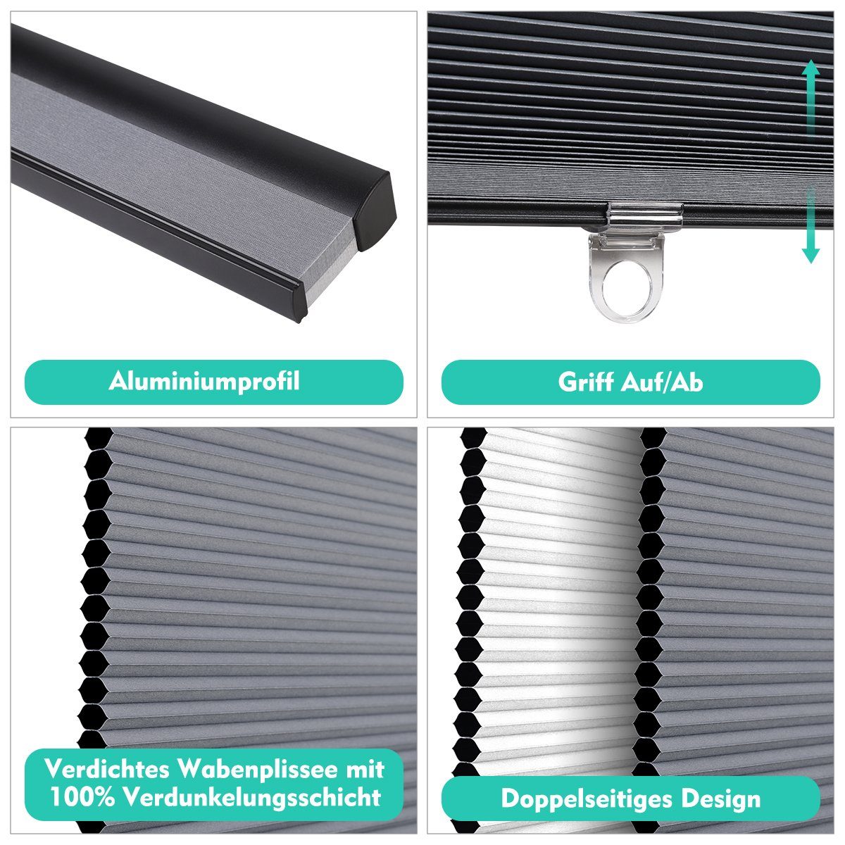 Verdunklungsrollo Wabenplissee mit Bohren Verdunkelung Rollo 100% verdunkelnd Blickdicht, Sekey, Bohren, verspanntauf, Kabelloses Design ist sicherer, Lichterschutz, Aluminiumschiene
