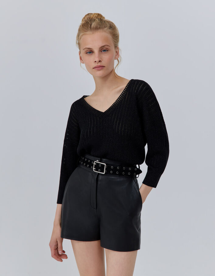 Pull noir réversible tricot Pointelle lurex Femme