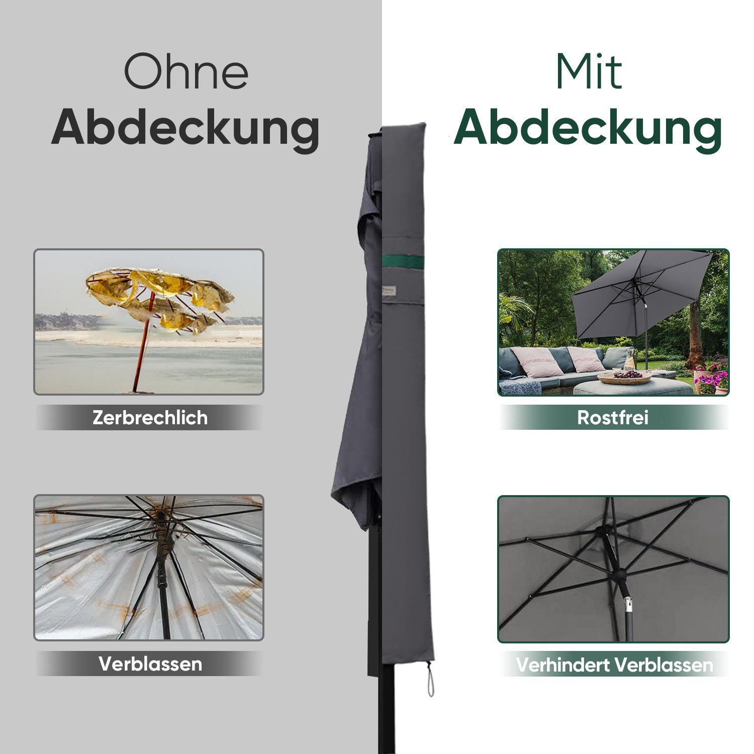 Sekey Sonnenschirm-Schutzhülle Balkonschirm Abdeckhauben mit Stab und Reißverschluss, bis Ø 200 cm, für Sonnenschirme bis zu Ø 240 cm, eckige Sonnenschirme bis zu 178 cm