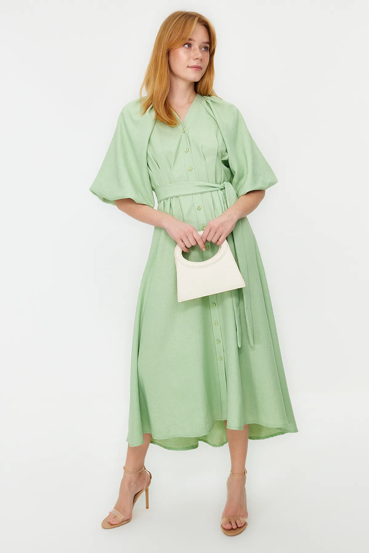 Trendyol Modest  Grünes gewebtes Leinenkleid TCTSS24EB00014