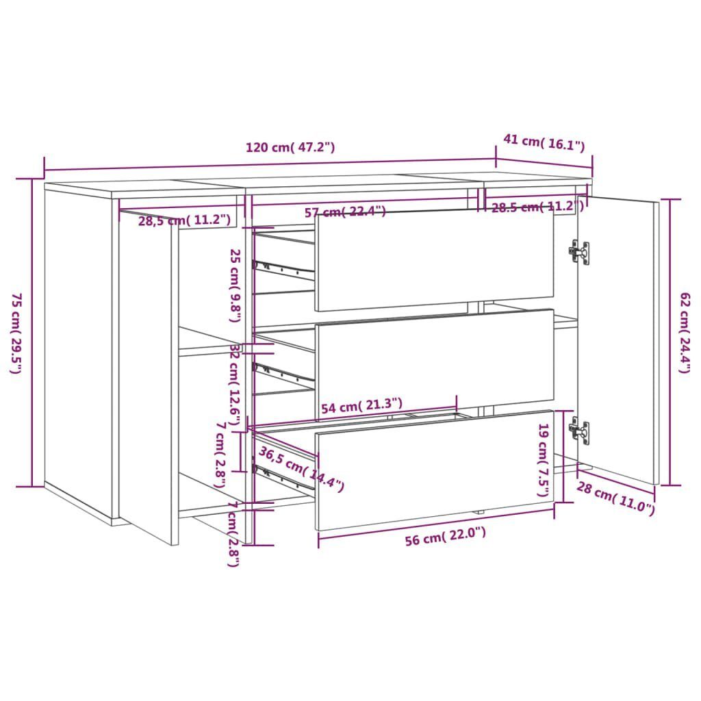 vidaXL Sideboard Sideboard mit 3 Schubladen Weiß 120x41x75 cm Holzwerkstoff (1 St)
