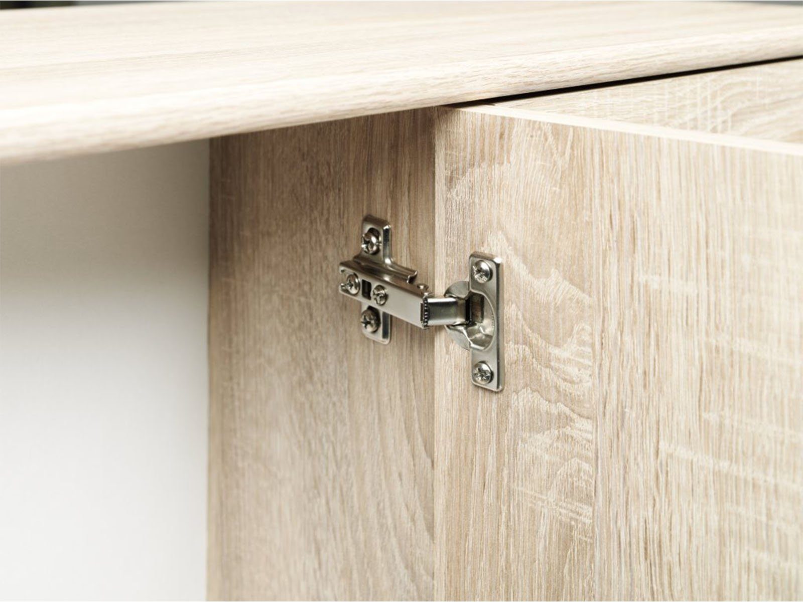 möbelando Sideboard Uwe, mit 3 Drehtüren, 2 Schubkästen und einen Fachboden. Breite 107 cm, Höhe 74 cm, Tiefe 34 cm