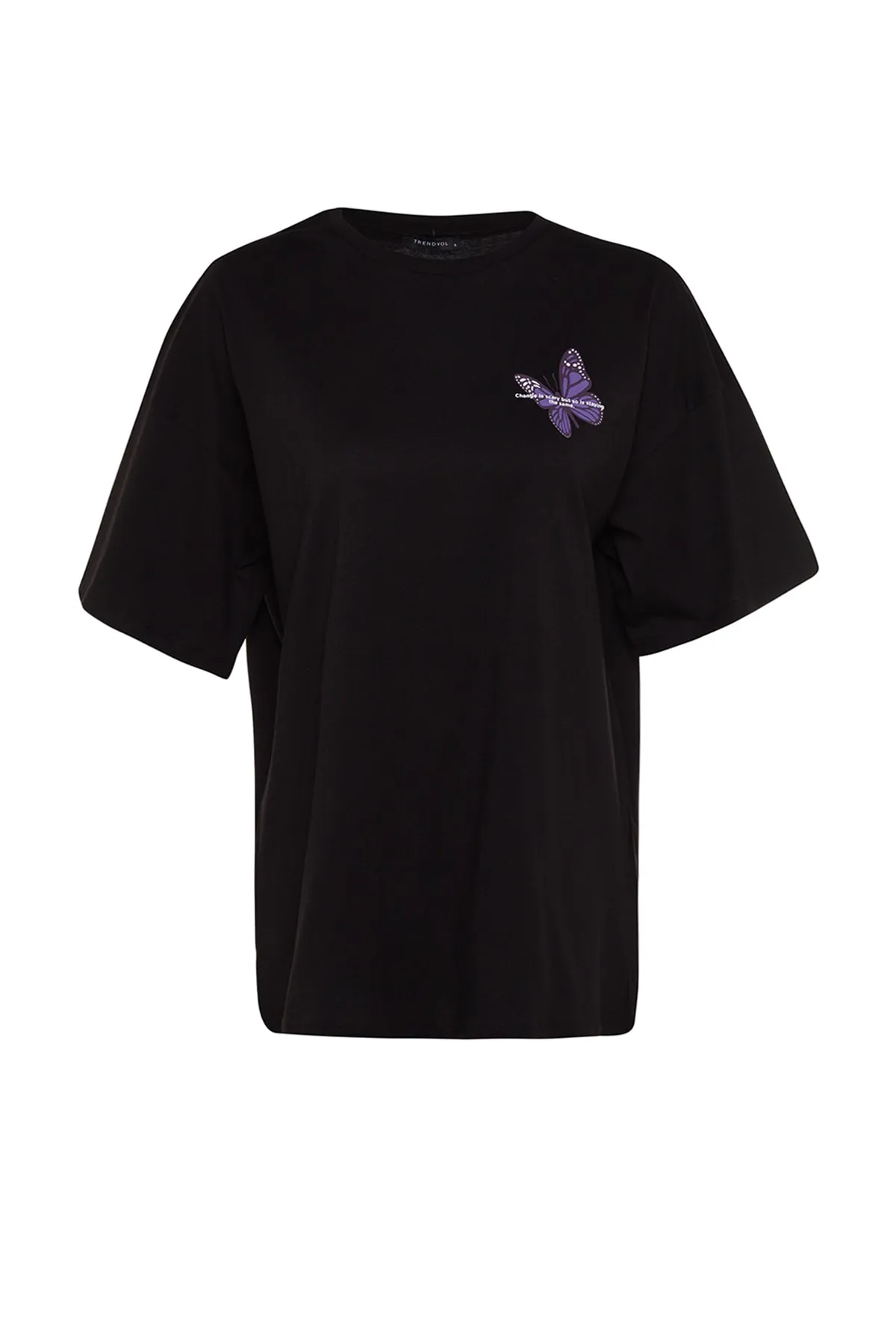 Trendyol Collection  Schwarzes Strick-T-Shirt mit Schmetterlingsdruck aus 100 % Baumwolle auf der Vorder- und Rückseite mit übergroßem/breitem Muster TWOSS23TS00188