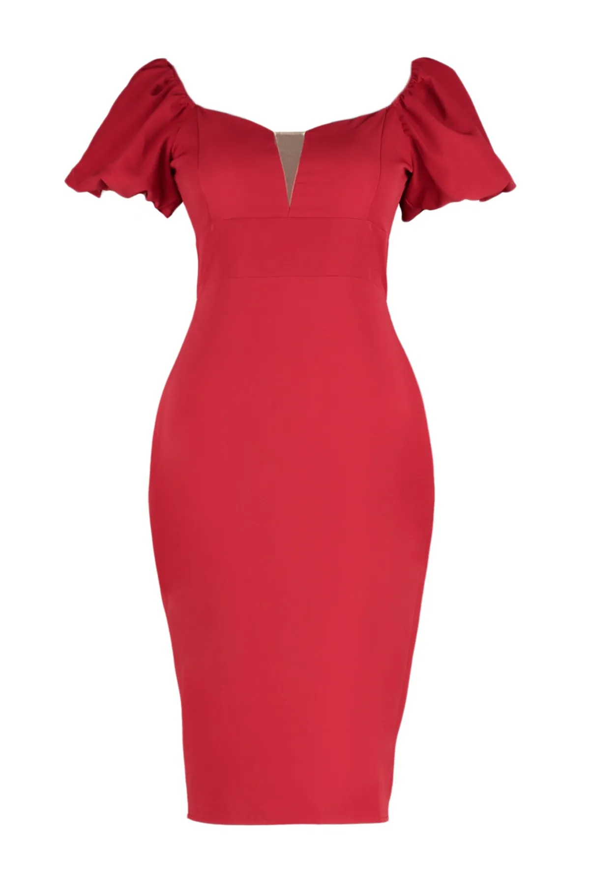 Trendyol Curve  Rotes, körperbetontes, trägerloses, gewebtes Kleid mit Ballonärmeln TBBSS22AH00040