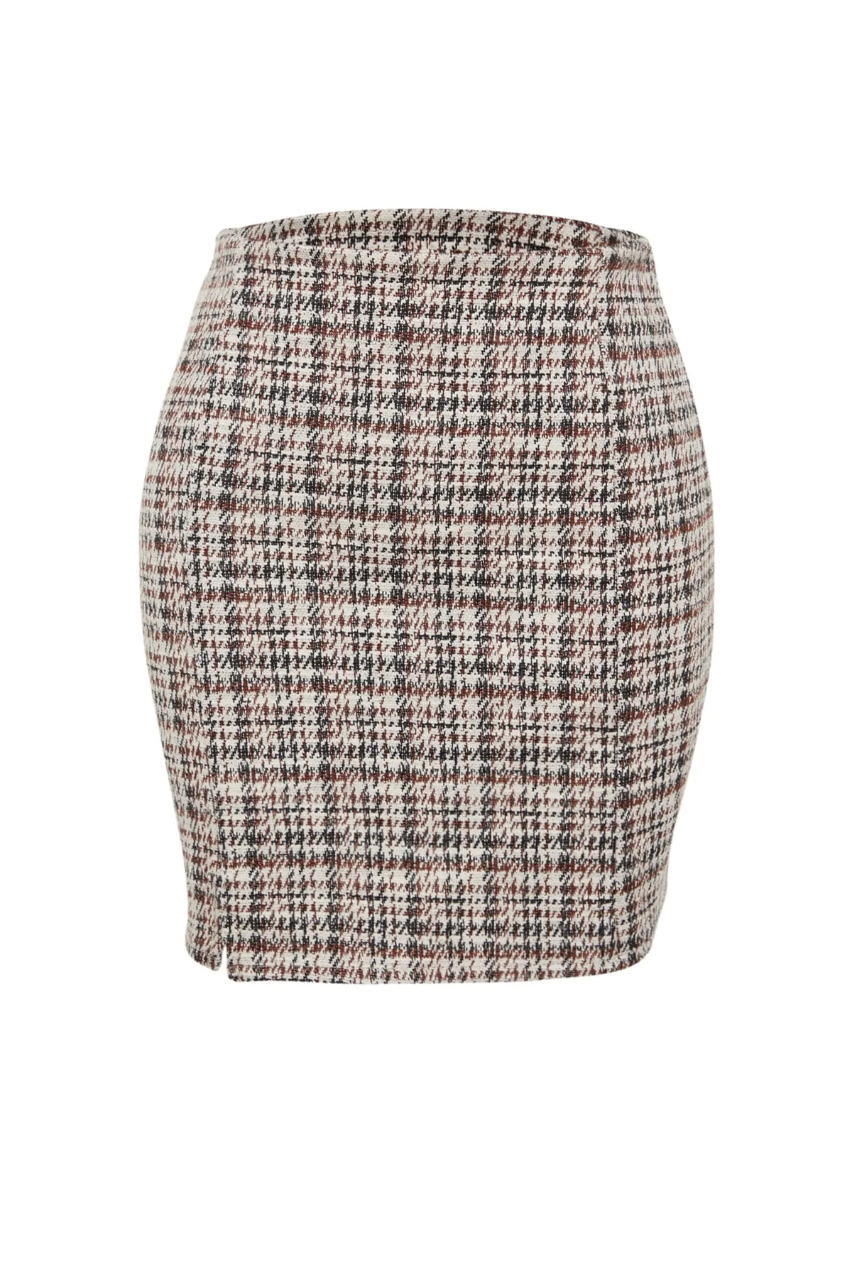 Trendyol Collection  Brauner Tweed-Mini-Strickrock mit normaler Taille und Reißverschluss und Schlitz TWOAW24ET00146