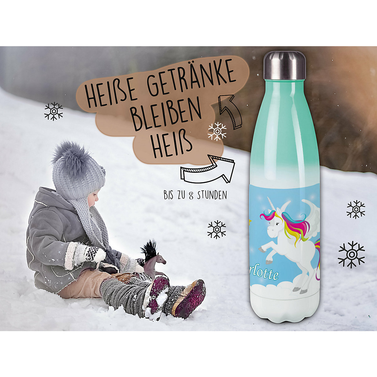 Edelstahl Kinder Thermoflasche / Trinkflasche bunt Pegasus Farbe blau Spülmaschinenfest, Auslaufsicher, Bruchfest, Doppelwandig, Für Heißgetränke geeignet, Mit Deckel, Isoliert