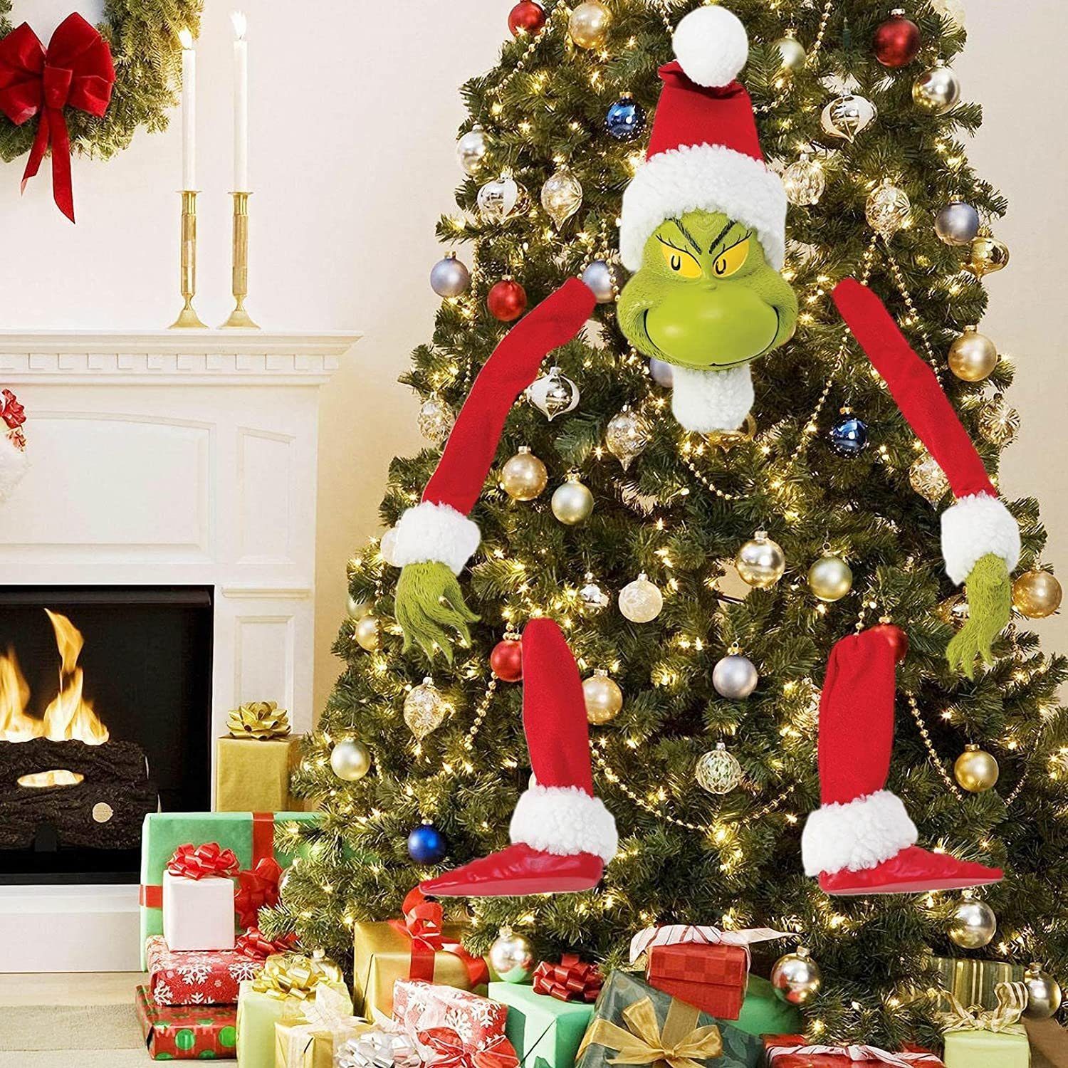 DOPWii Christbaumschmuck Grinch Weihnachtsbaum Dekoration,Elfen Kopf,Arme,Beine, Weihnachtself gefüllte Stuck Topper Girlande Ornamente