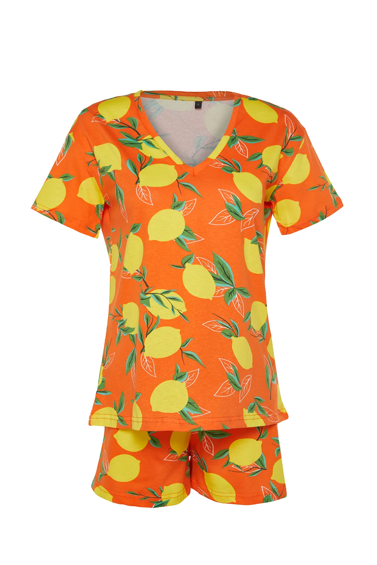 Trendyol Collection  Orangefarbenes Strick-Pyjama-Set aus 100 % Baumwolle mit Fruchtmuster THMSS24PT00086
