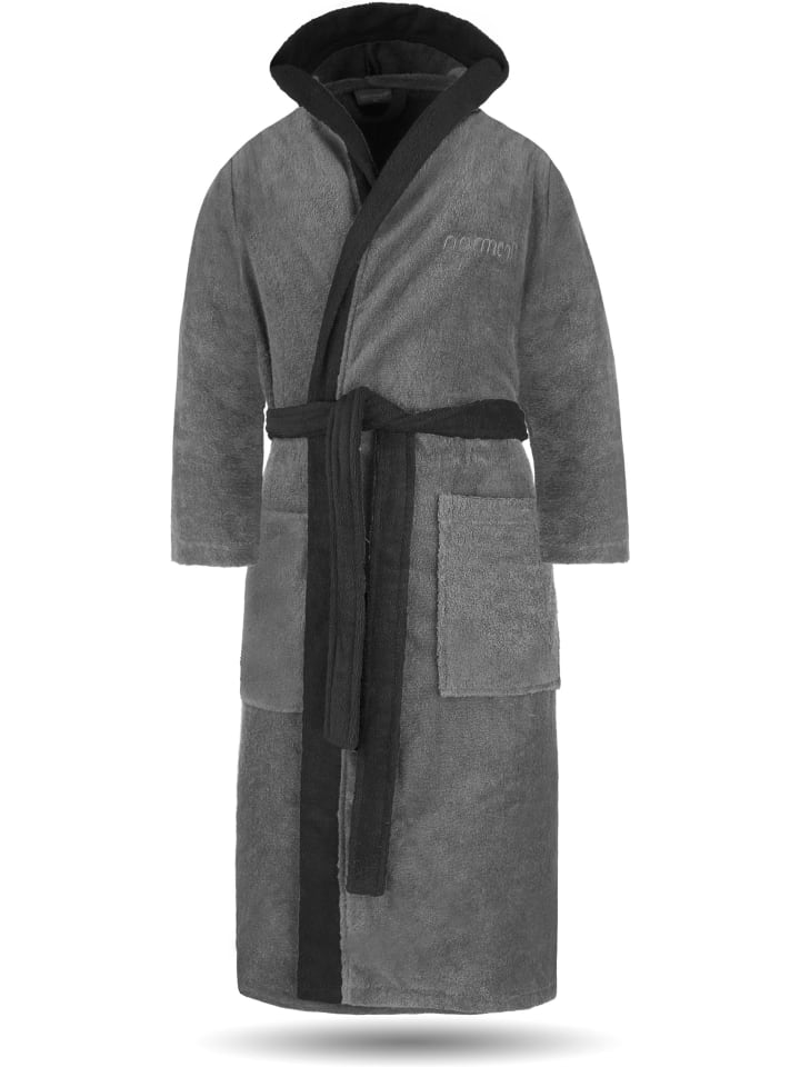 normani Unisex Baumwoll Bademantel mit Kapuze Izmit in Grau/Schwarz günstig kaufen