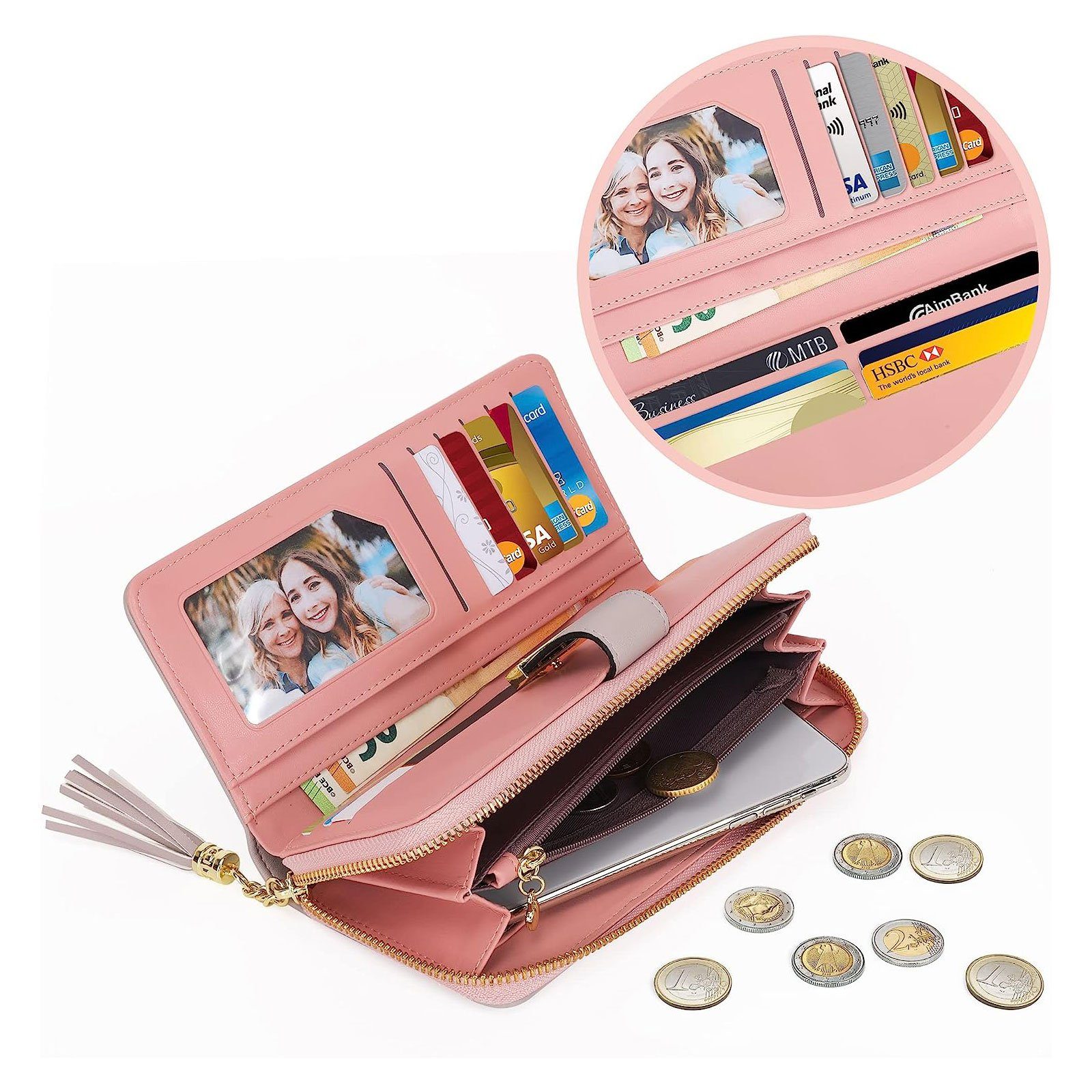 Pomelo Best Geldbörse Damen Handytasche Portemonnaie Portmonee Geldbeutel Weich Leder Lang (Frauen Handtasche Ledergeldbörse Brieftasche mit 12 Kartenfächer, Slim Wallet, Kreditkartenetui, Kartenetui, Kartenhalter), NFC RFID-Schutz mit Münzfach Groß