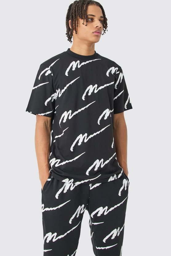 Man Signature T-Shirt und Jogginghosen Set mit Print