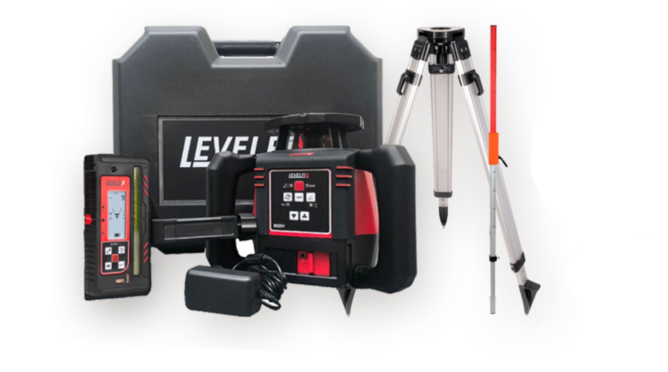 Livella laser orizzontale rossa Levelfix 554811 860H per edilizia, con inclinazione semiautomatica + treppiede da 1,8 m + asta di misurazione