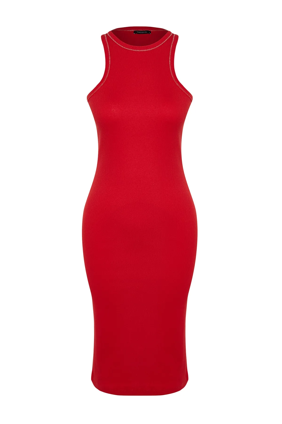 Trendyol Collection  Rotes, nachhaltigeres, tailliertes, geripptes Mini-Strickkleid mit Neckholder TWOSS23EL01970