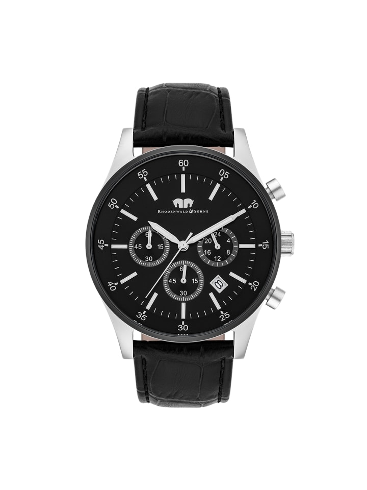 Rhodenwald & Söhne Herren Chronograph silber/schwarz Echtleder schwarz in schwarz günstig kaufen 21,5 cm