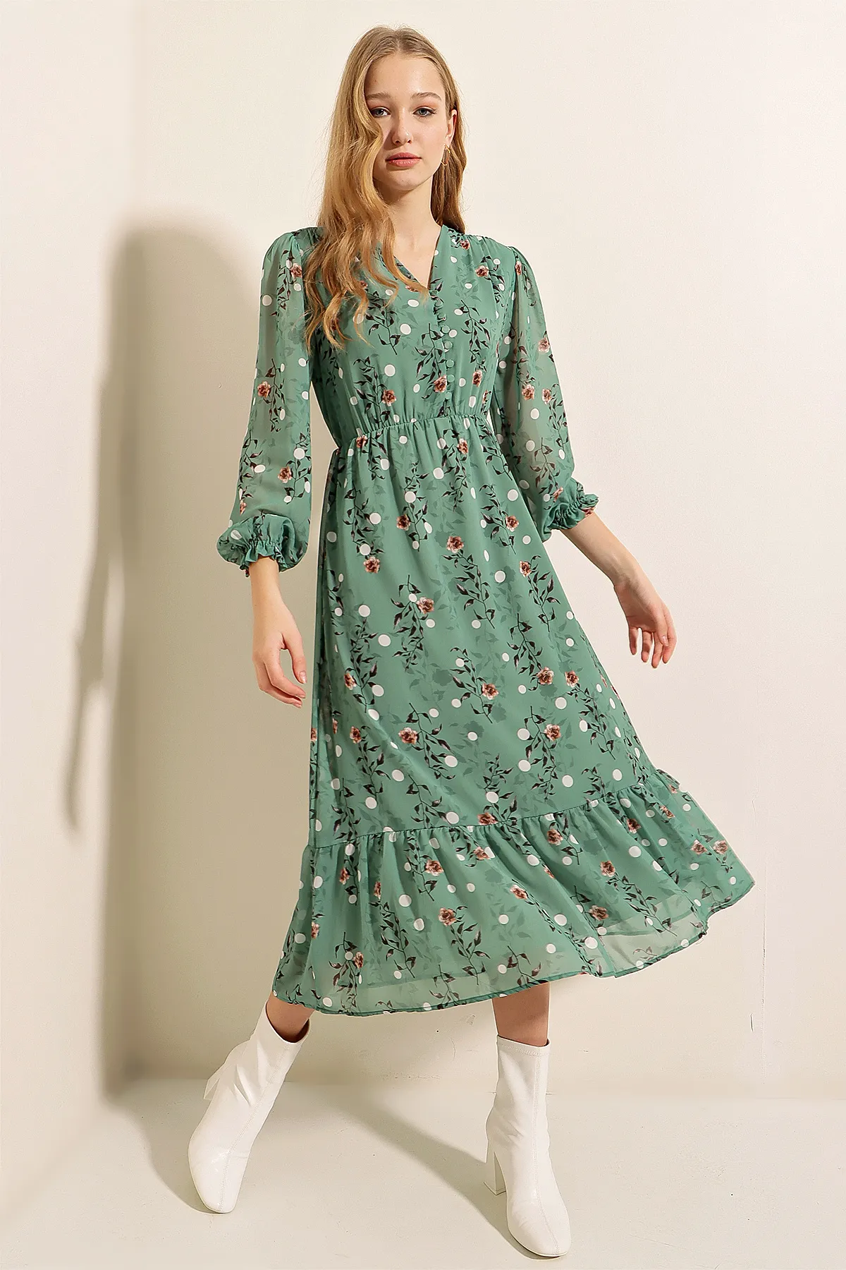 Bigdart  2137 Gemustertes Chiffonkleid - Çağla