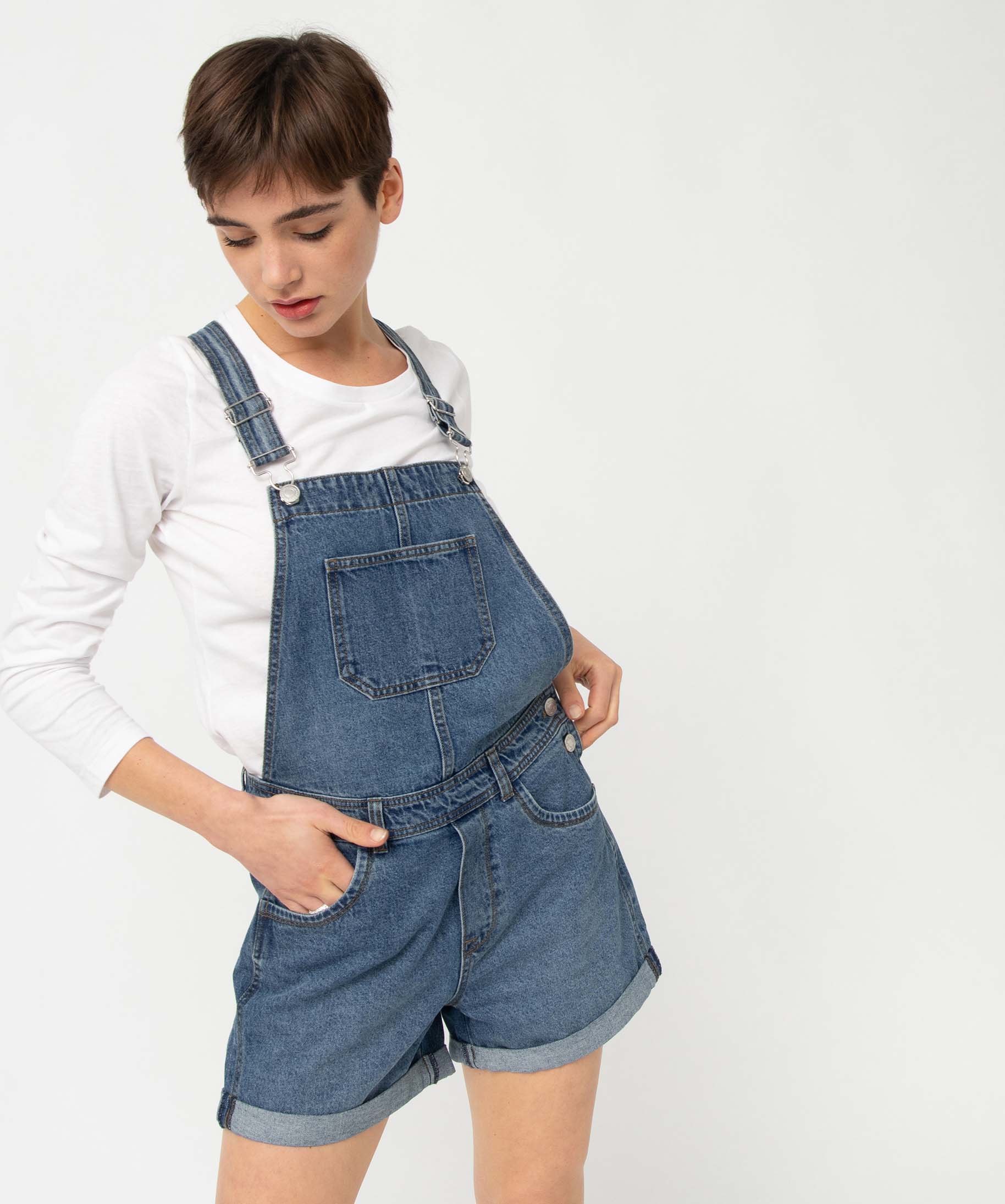 Salopette femme en jean coupe courte stone | GEMO