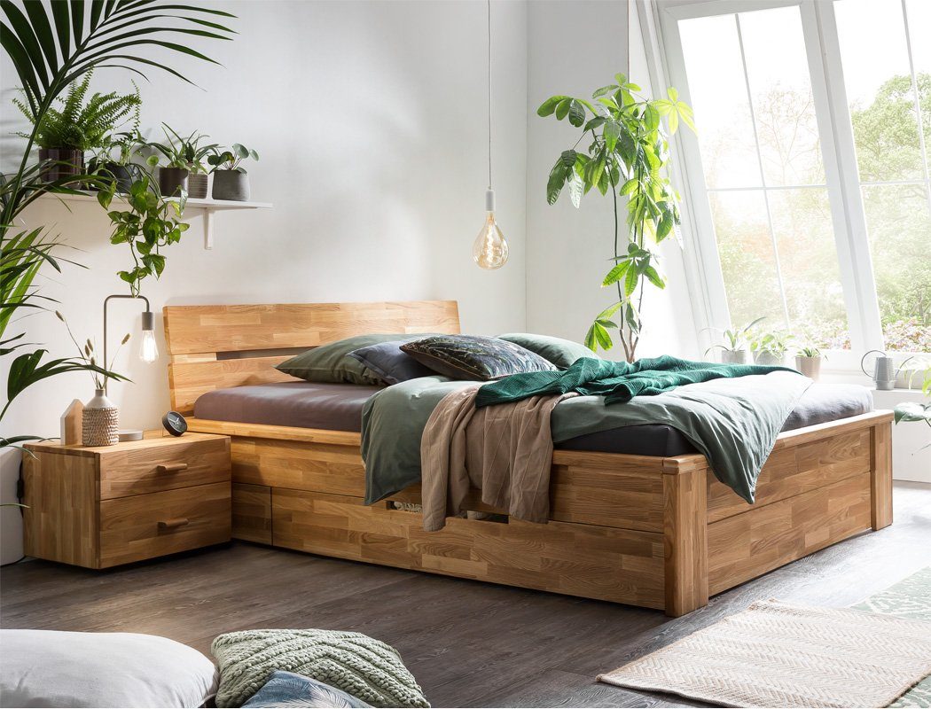 expendio Massivholzbett Cleo (Spar-Set, 3-tlg), Schubladenbett 200x200 Wildeiche mit 2 Schubladen inkl. 2x Nachttisch