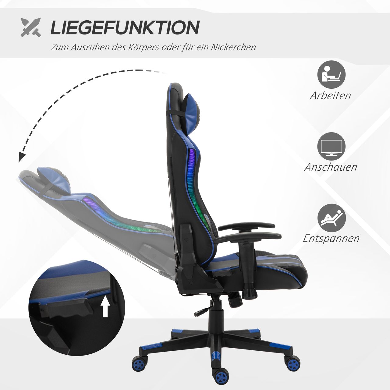 Vinsetto Bürostuhl LED Gaming Stuhl ergonomischer Drehstuhl mit Liegefunktion Handlauf anhebbar Schaumstoff Kunstleder Nylon Schwarz Blau 70 x 57,5 x 126-136 cm