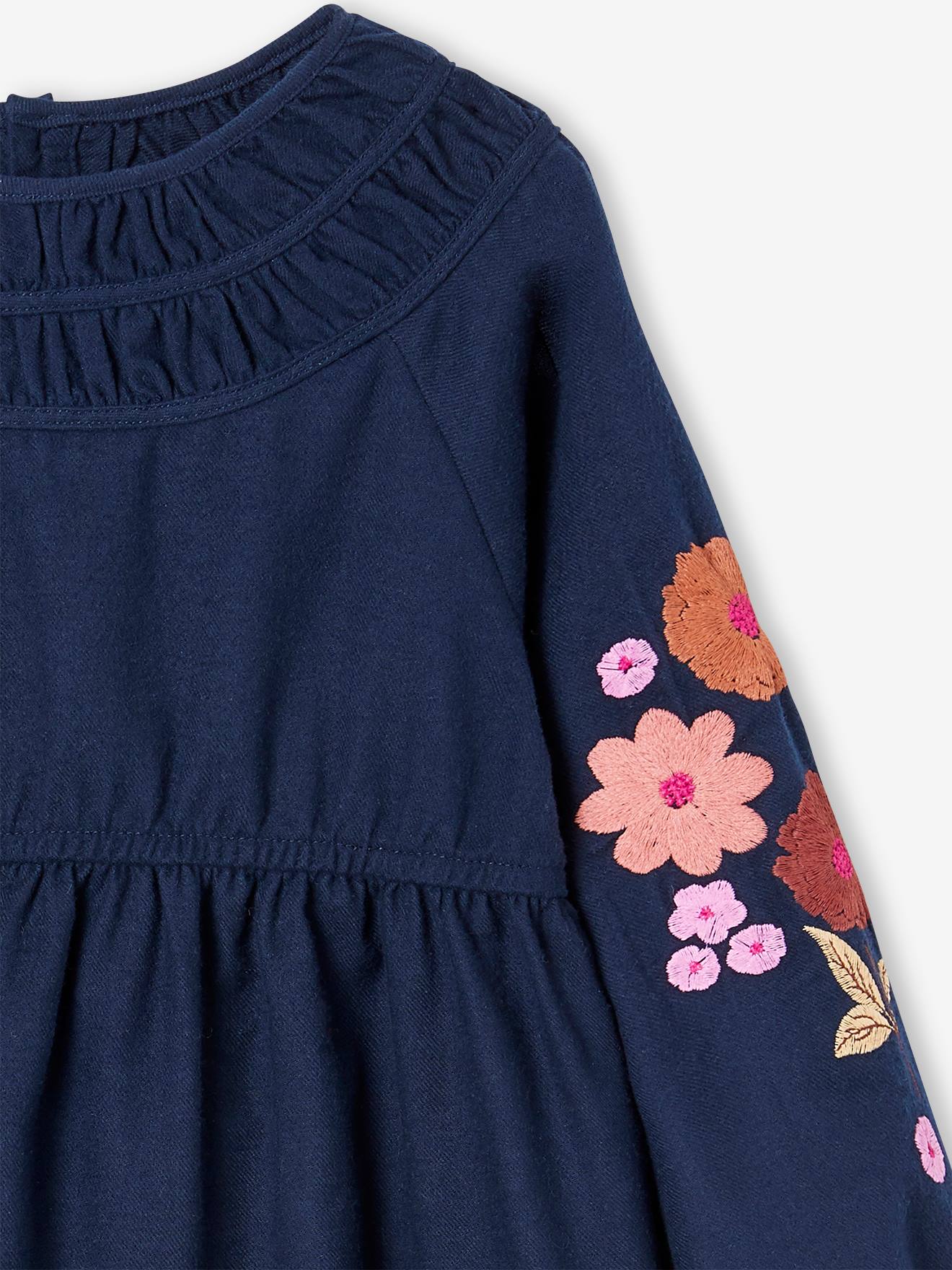 Vertbaudet Mädchen Kleid, bestickte Ärmel - nachtblau