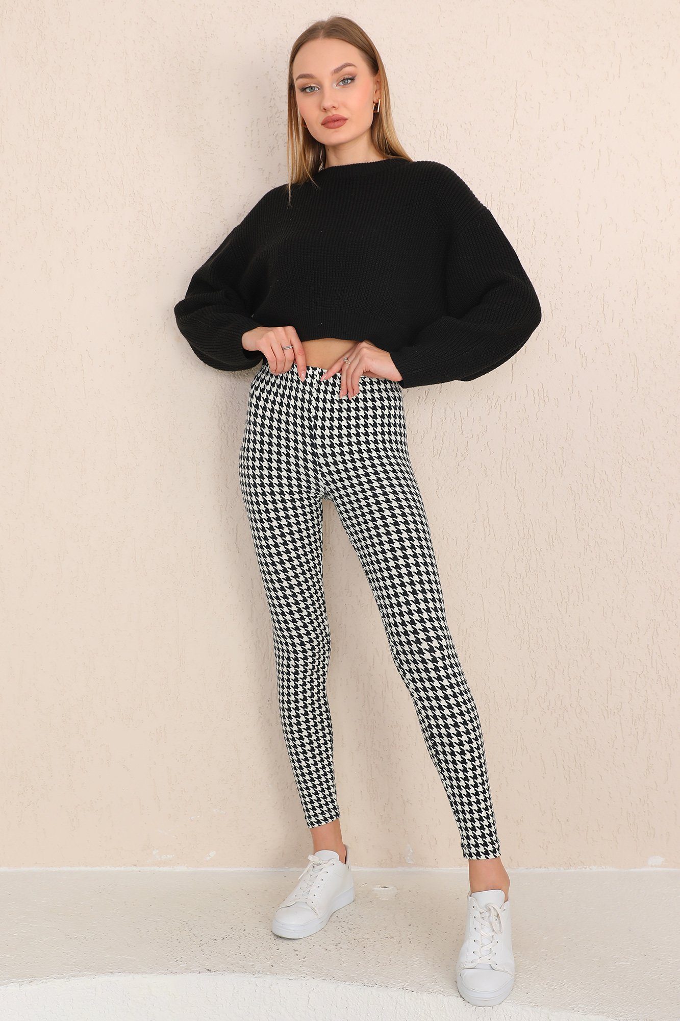Bongual Leggings mit Hahnentrittmuster samtweich schwarz-weiß