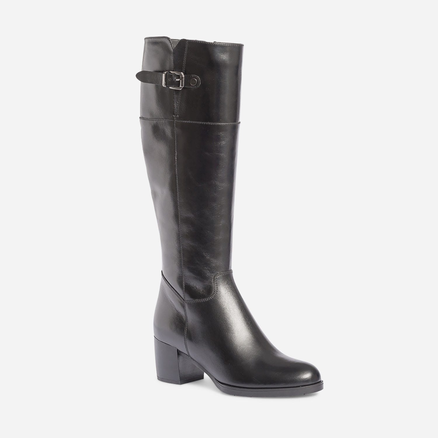 Botte à talon noire en cuir pour mollet fin