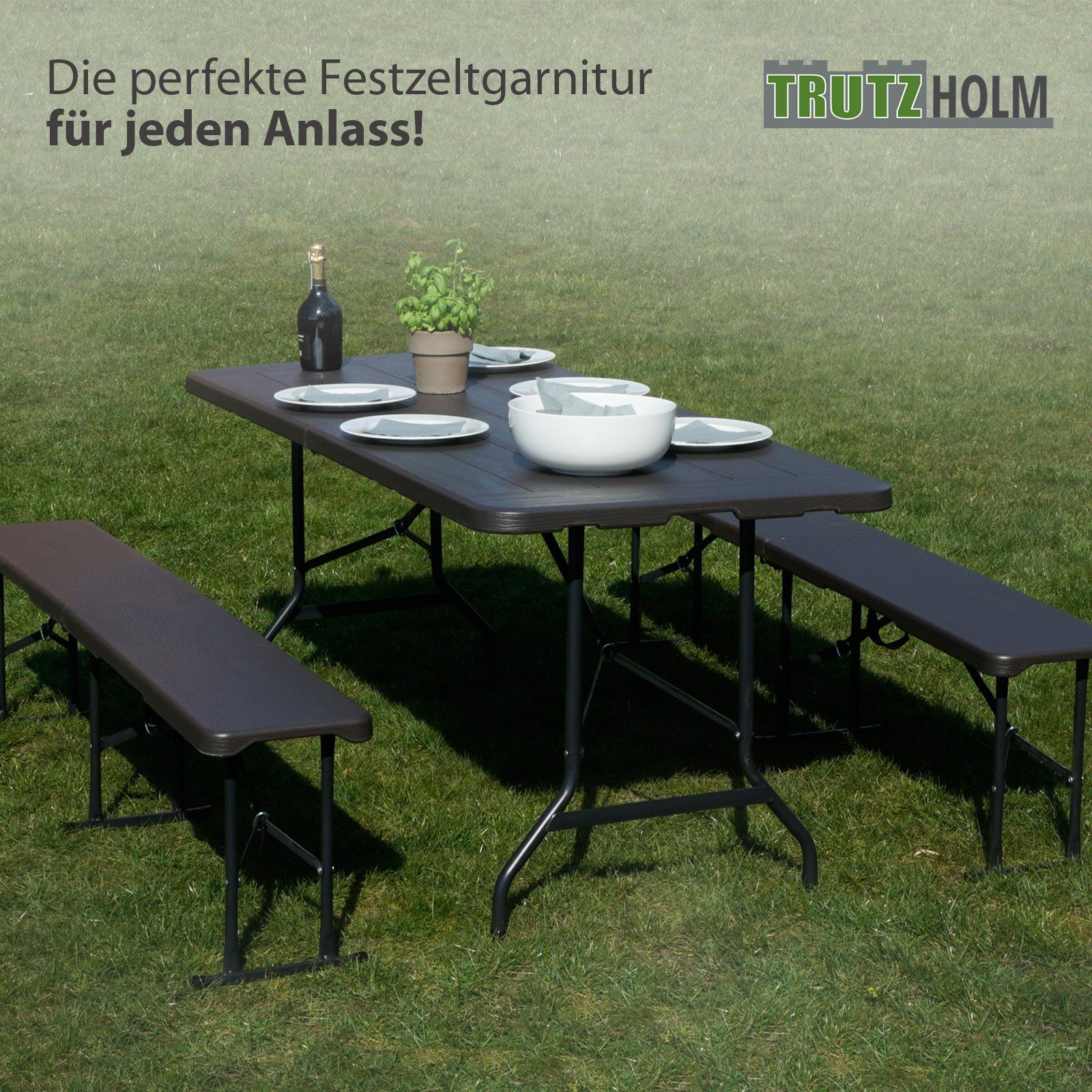 TRUTZHOLM Bierzeltgarnitur Bierzeltgarnitur graue Holzoptik Festzeltgarnitur 180x75cm klappbar, (1x Produkt / 2x Produkt, 3-tlg)