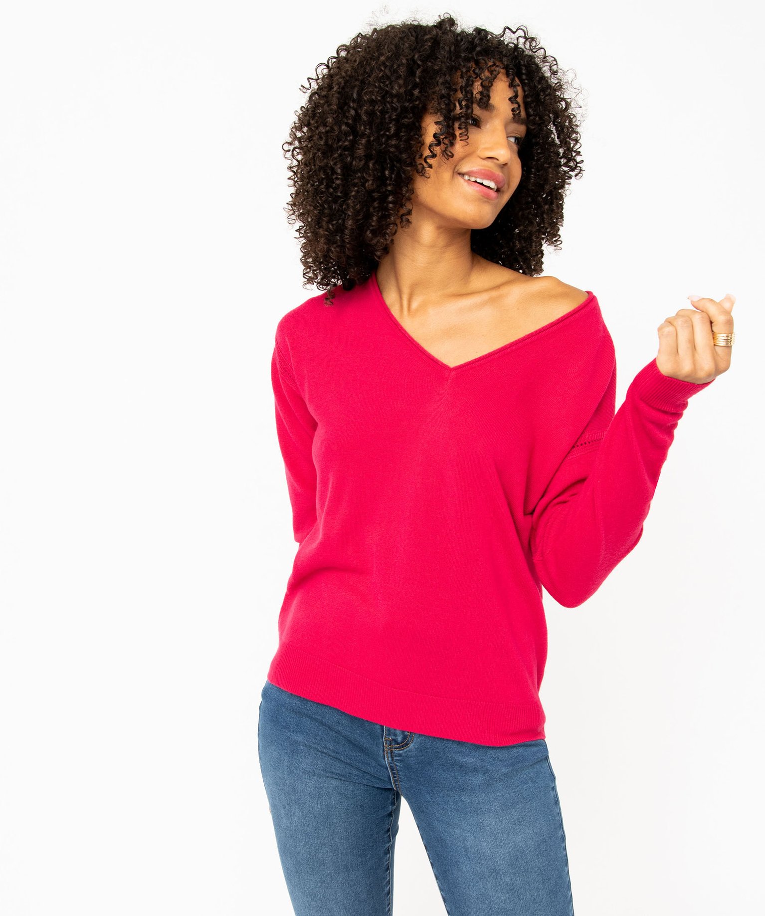 Pull femme en maille fine avec large col V rose | GEMO