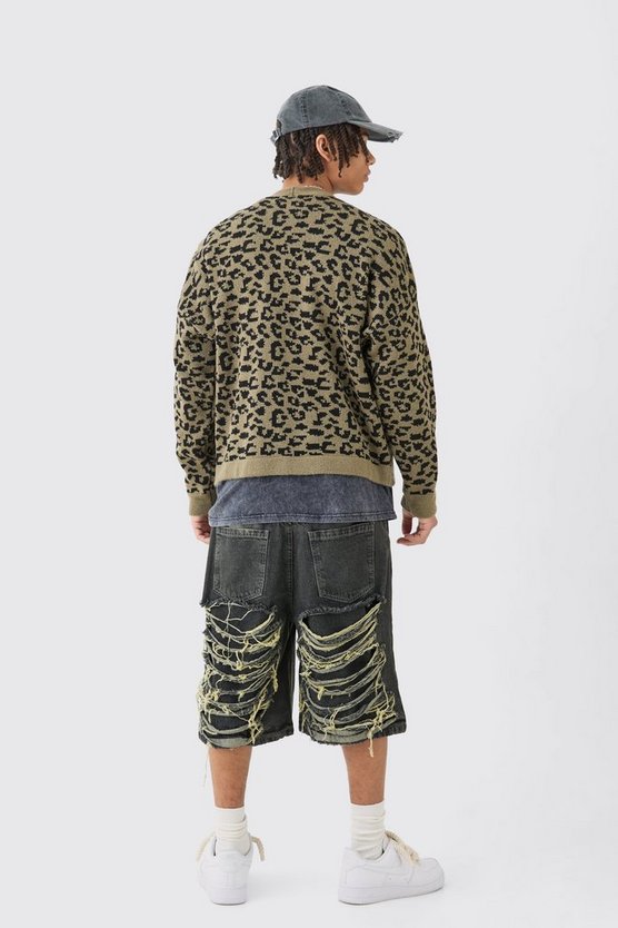 Kastiger Oversize Jacquard-Cardigan mit Leopardenprint