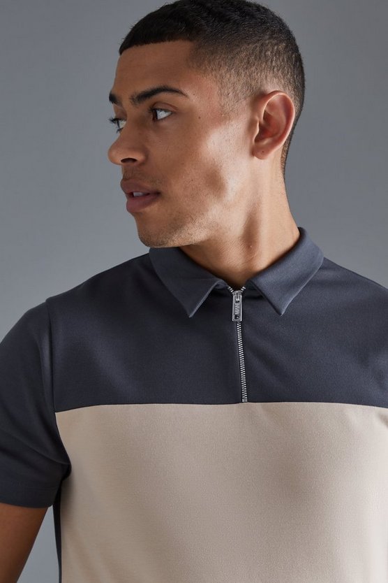 Kurzärmliges Slim-Fit Colorblock Poloshirt mit 1/4 Reißverschluss
