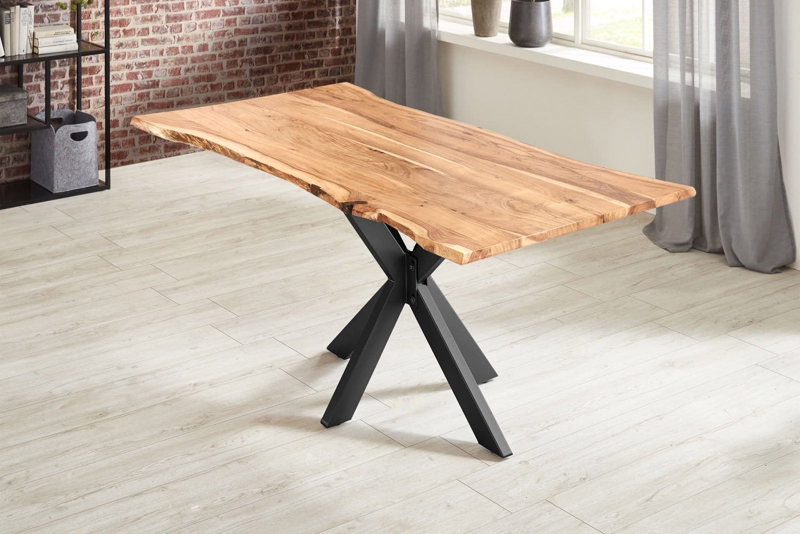 SAM® Essgruppe Harbor, Akazienholz, Baumkante massiv, Metallgestell Spider-Form + 6 Stühle