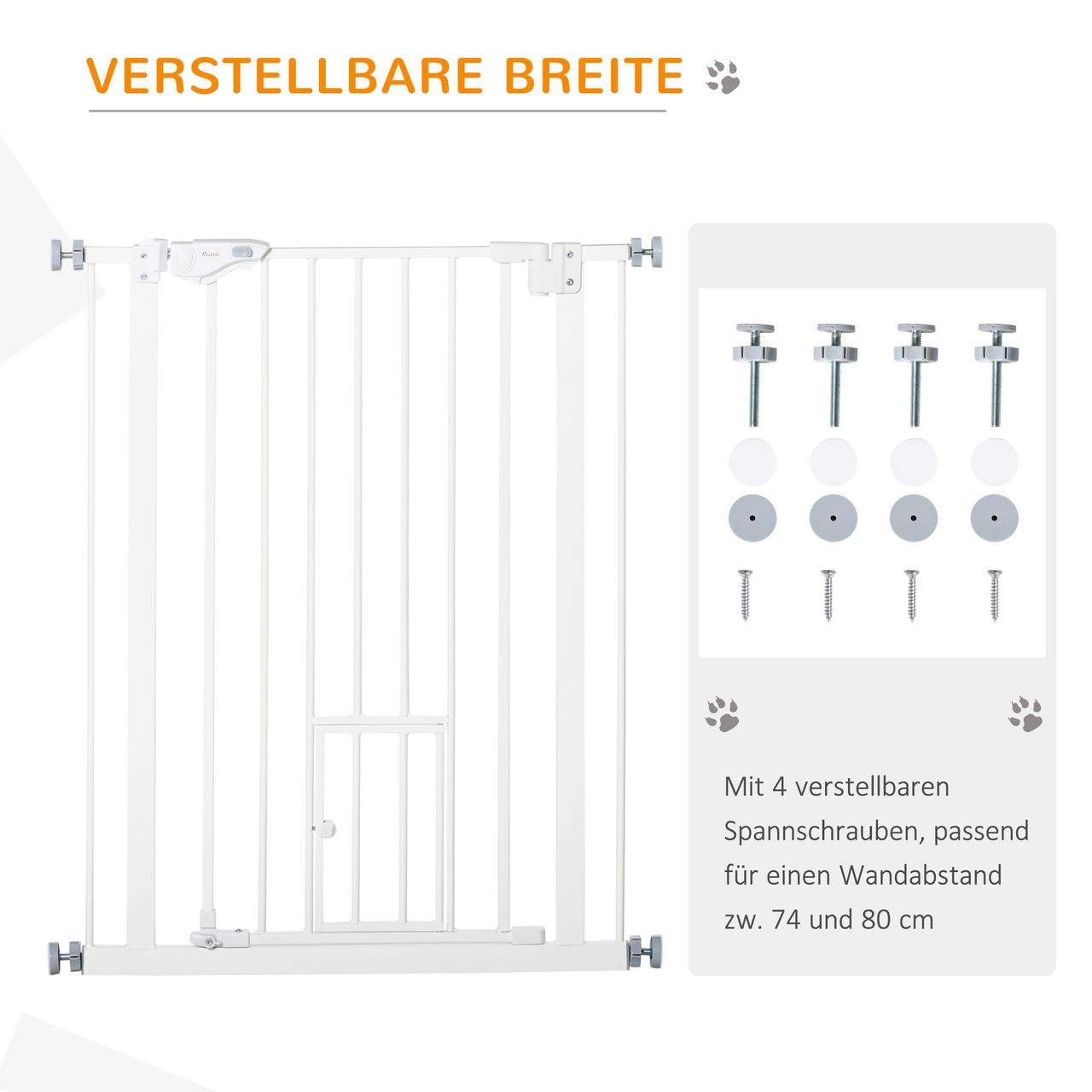 PawHut Hunde Türschutzgitter, 74-80 cm Baby Türgitter ohne Bohren, Stahl, Weiß