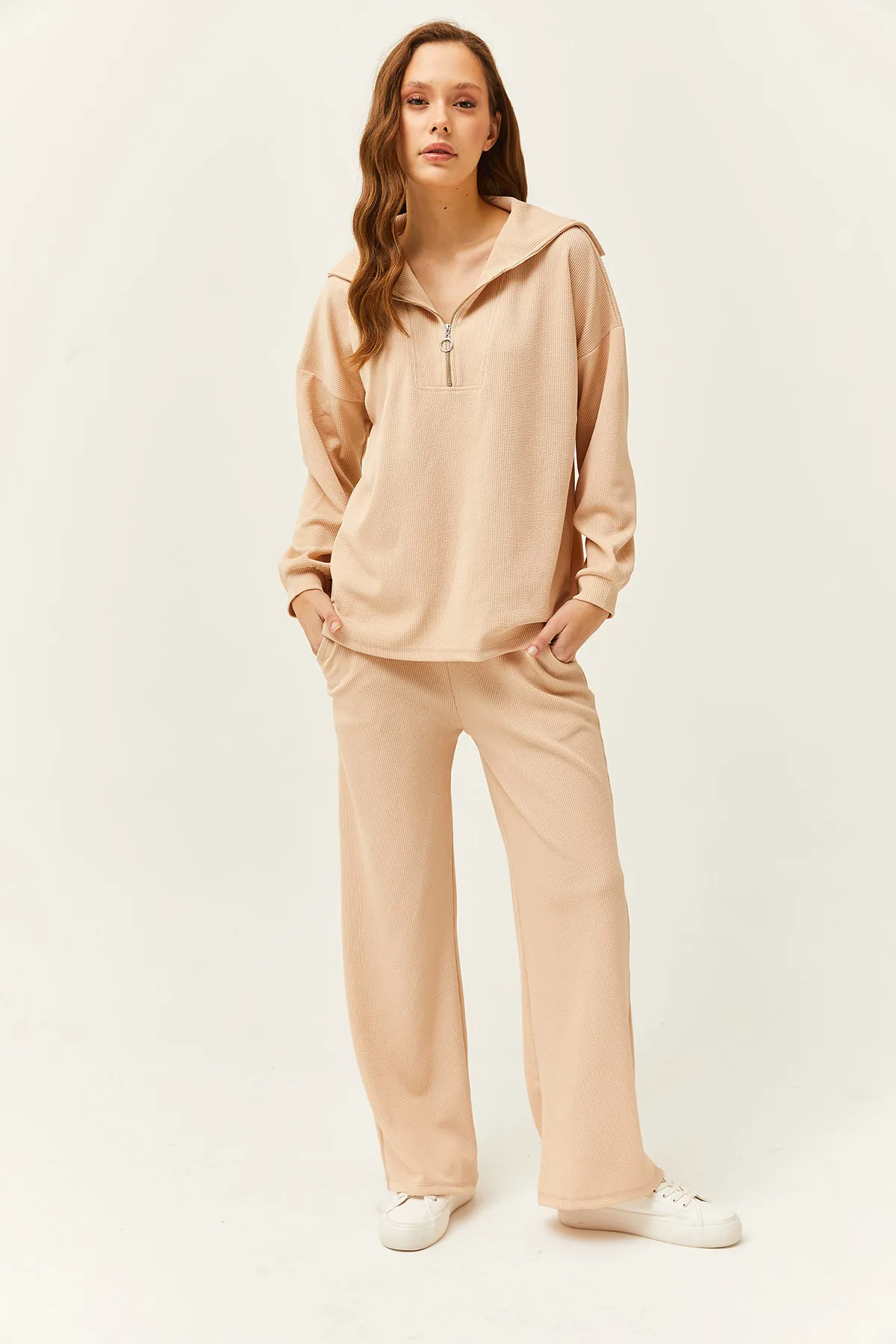 Olalook  Beiges Damen-Set mit Oberteil und Pullover mit Reißverschluss, Palazzo-Hose, TKM-19000240