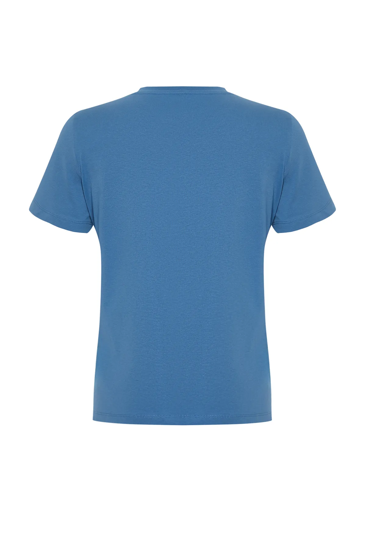 Trendyol Collection  Indigofarbenes Strick-T-Shirt aus 100 % Baumwolle mit normaler Passform und Rundhalsausschnitt, bestickt, TWOSS24TS00207