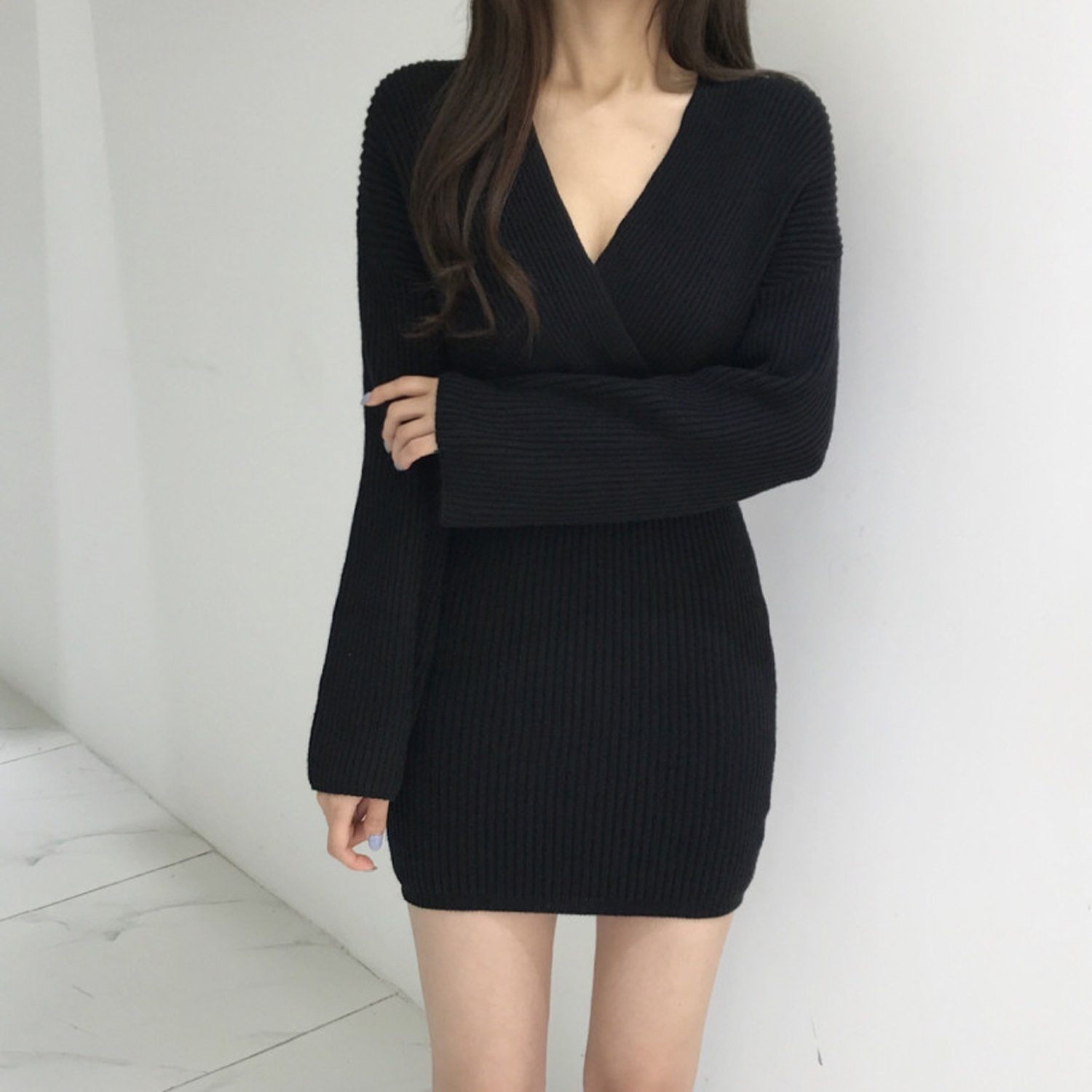 aikidio Stillkleid Sexy warmes schmales Strickkleid mit V-Ausschnitt