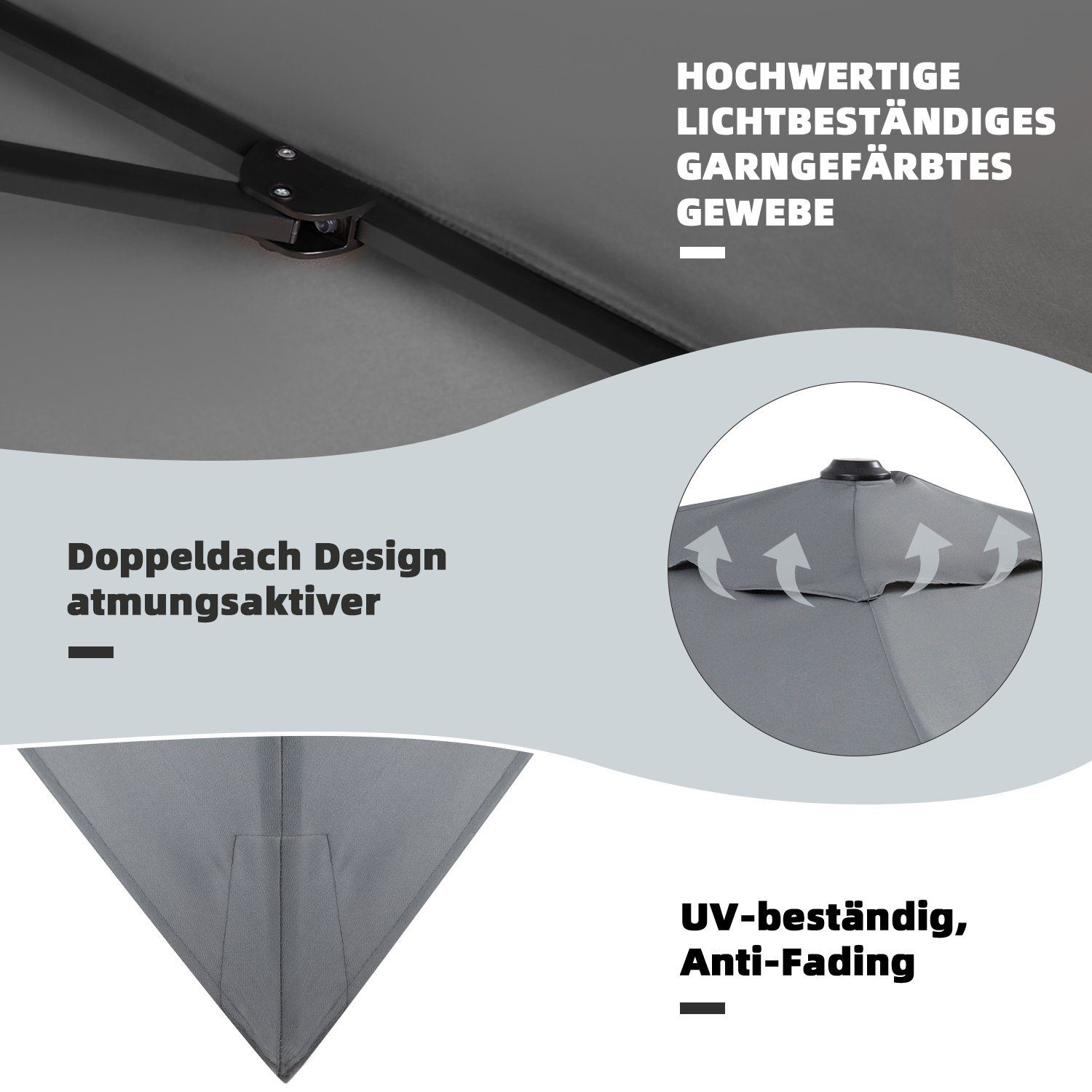 EROMMY Sonnenschirm Rechteckiger Terrassenschirm für Garten und Balkon, LxB: 374,00x285,00 cm, 360° drehbar, 5-fach verstellbar, ohne Schirmständer