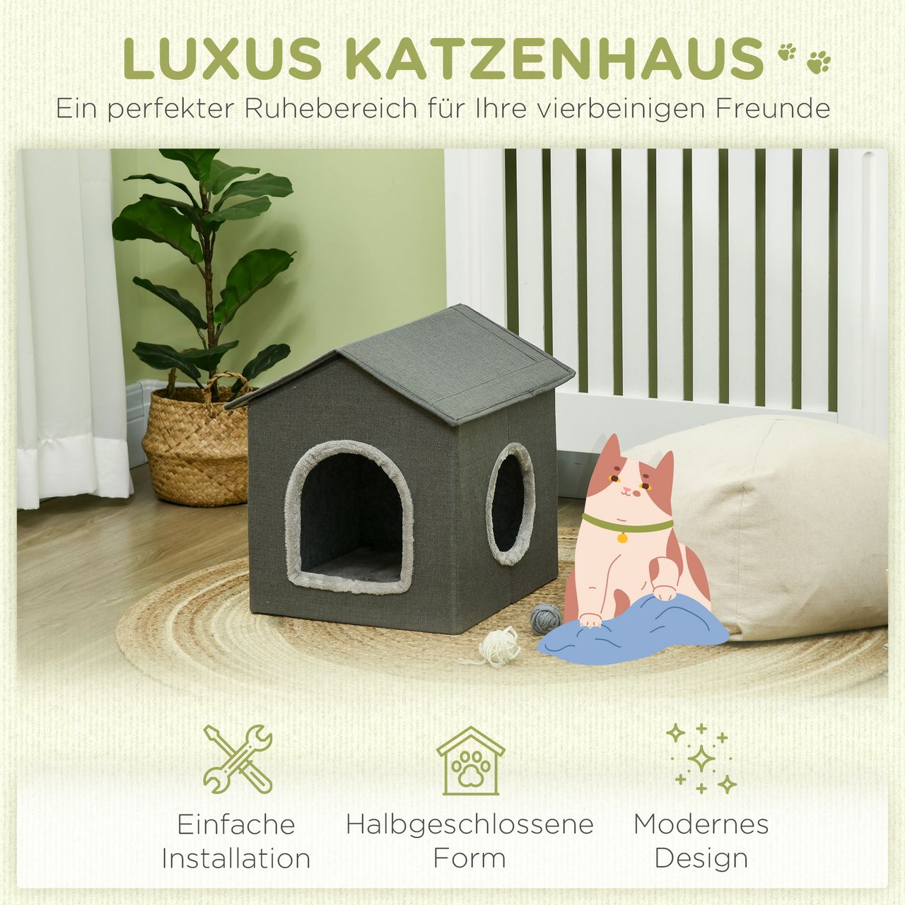 PawHut Katzenhöhle Katzenhaus, Katzenhütte mit Zwei Türen, Katzenkorb mit Kissen