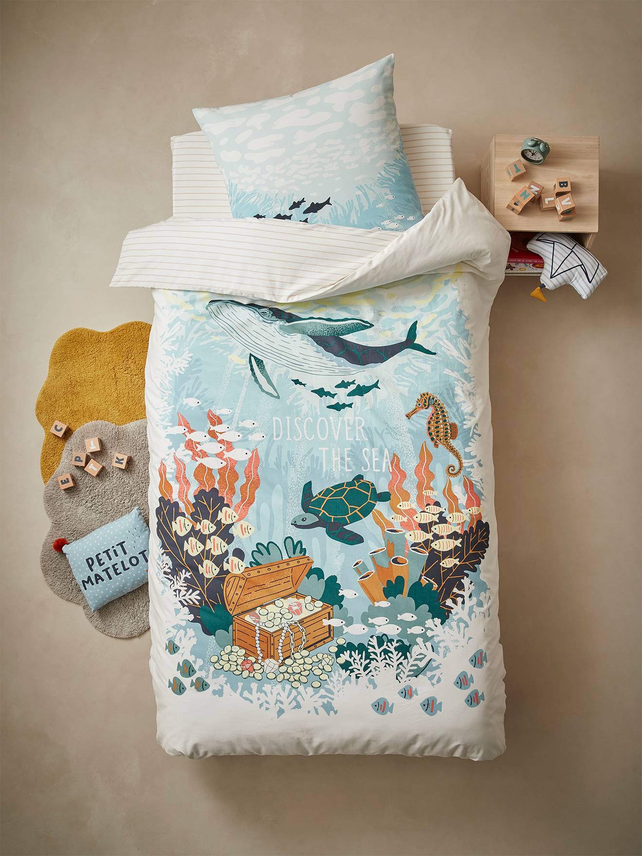 Vertbaudet Kinder Spannbettlaken DEEP OCEAN Oeko-Tex - wollweiß/karamell gestreift