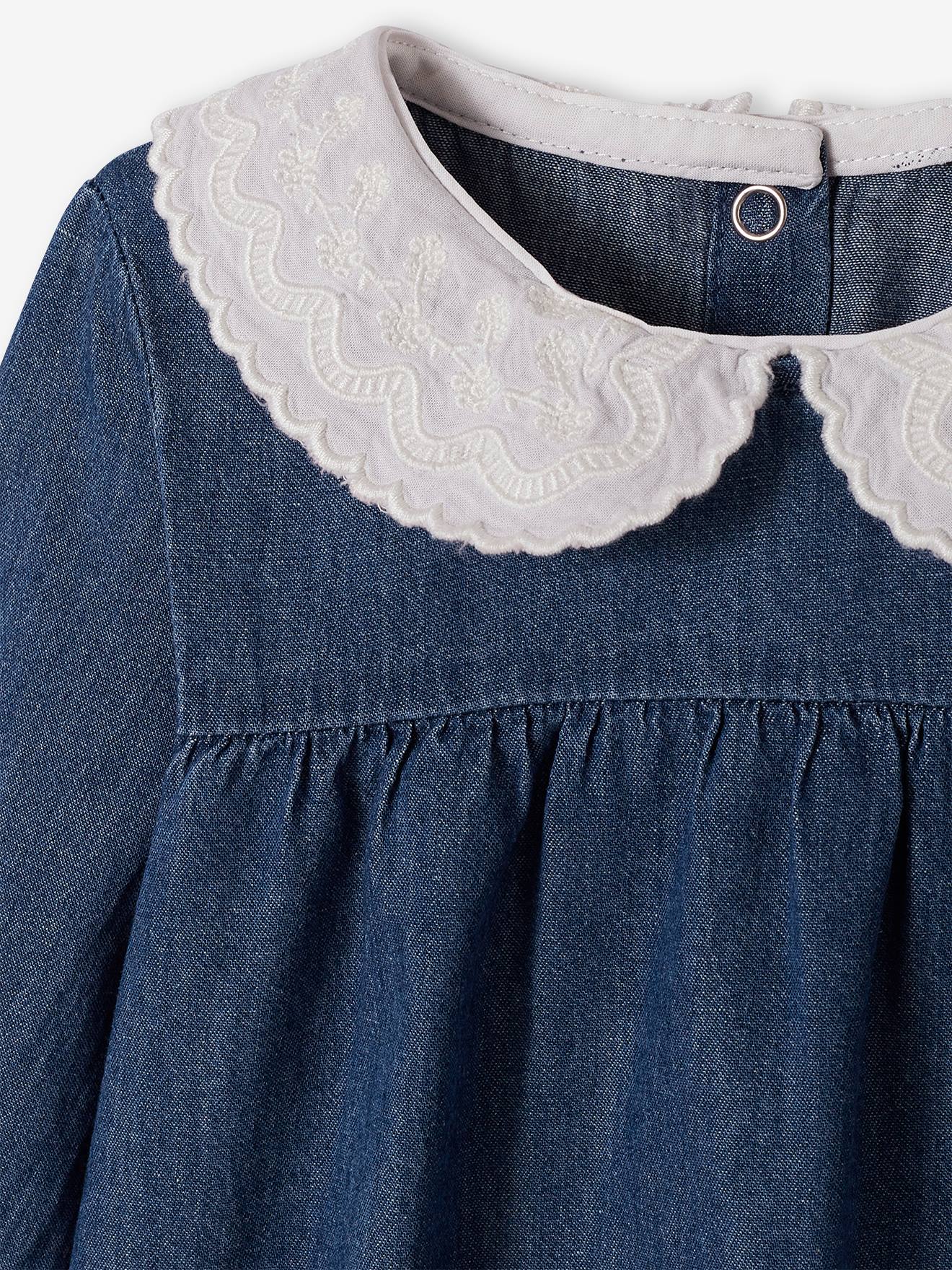 Robe en denim bébé col en voile brodé stone