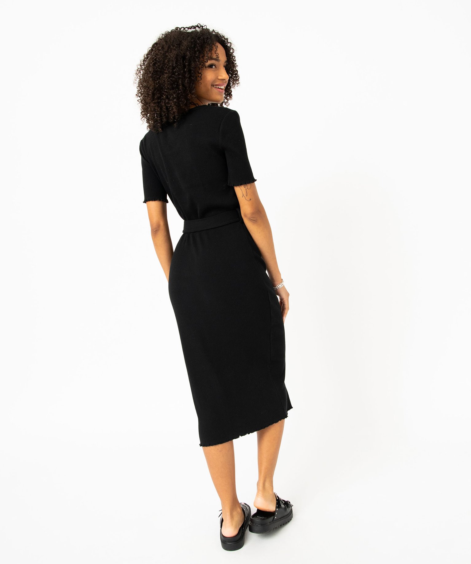 Robe chemise en maille ctelée à manches courtes femme noir | GEMO