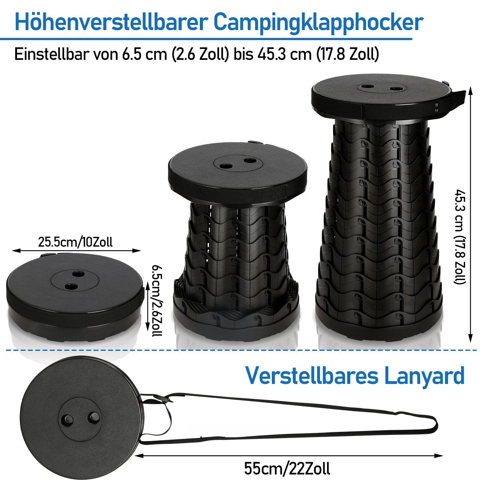 Lospitch Klappstuhl Tragbarer Klappstuhl Klapphocker Hocker Sitz Teleskop Faltbar Schwarz