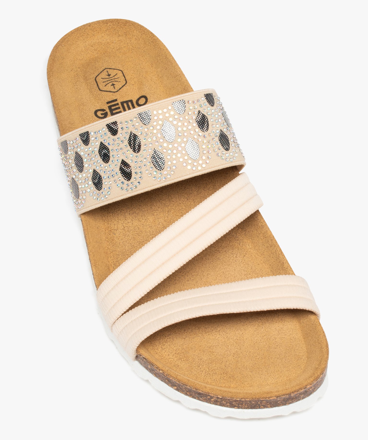 Mules femme à talon plat avec brides élastiques fantaisie beige | GEMO