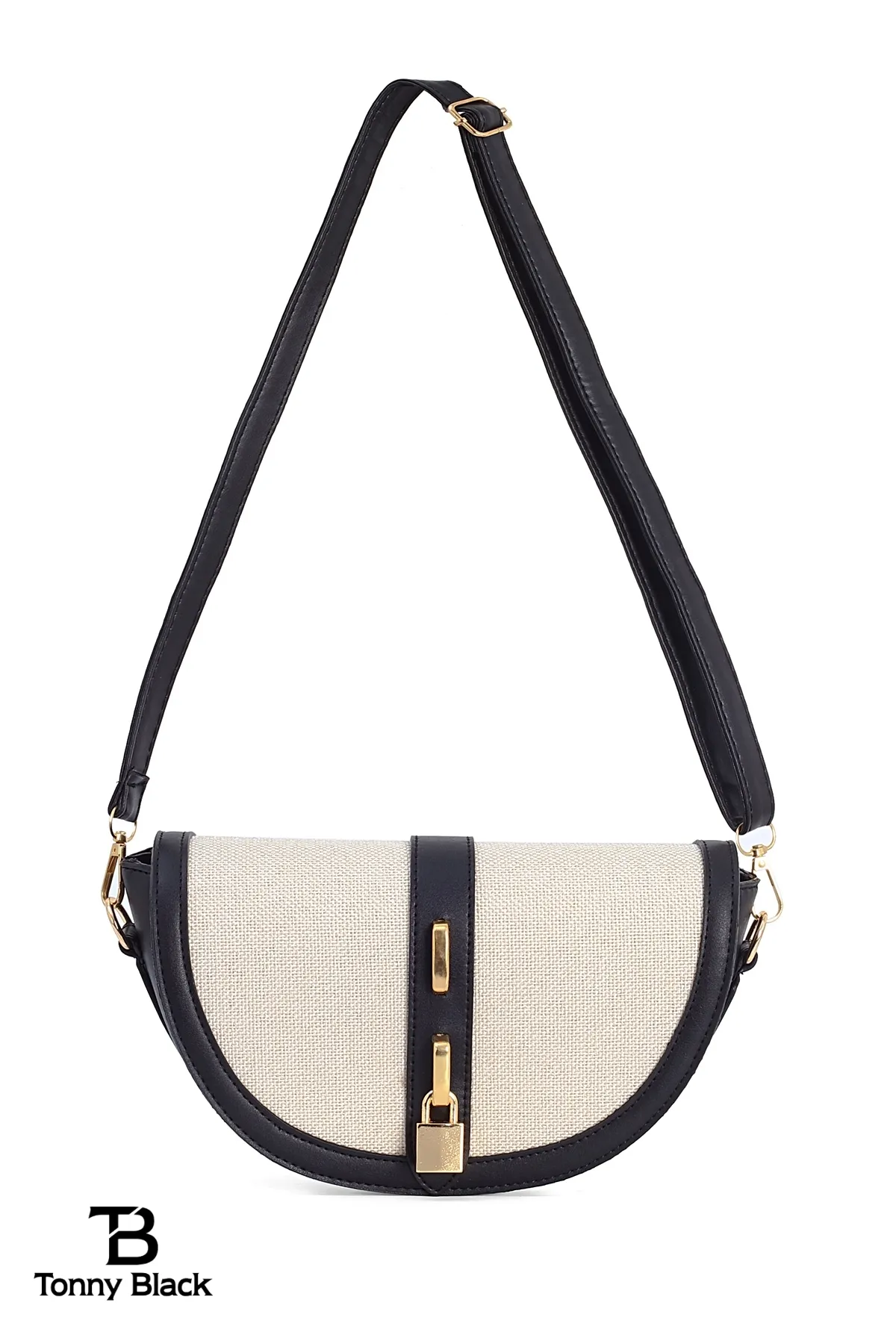 Tonny Black  Original Cross Strap Schwarz Creme Kontrast Design Stilvolle minimalistische Hand- und Schultertasche mit Schloss-Accessoire