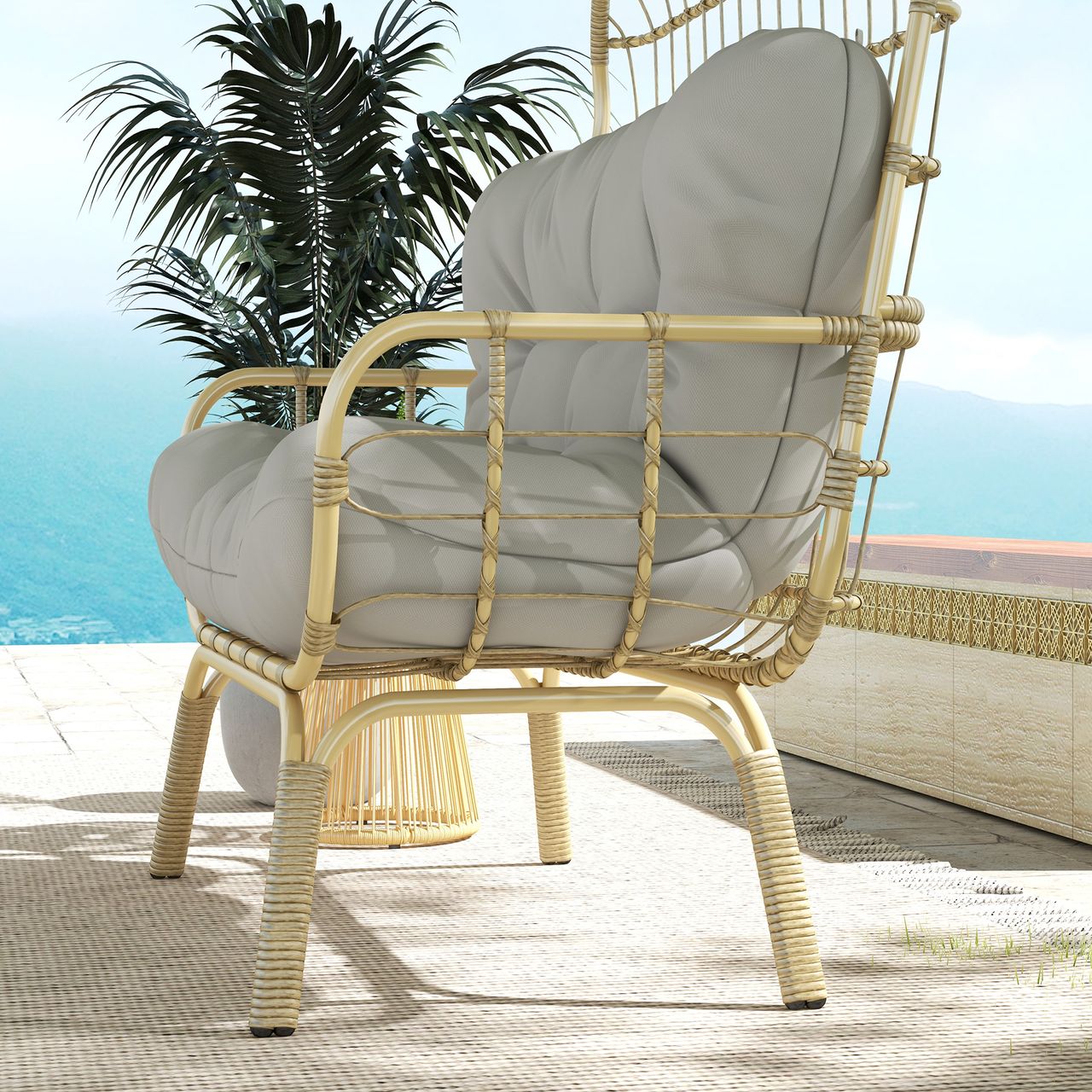 Outsunny Gartensofa 2 Sitzer Rattansofa mit Armlehne, Gepolstertem Kissen, Grau