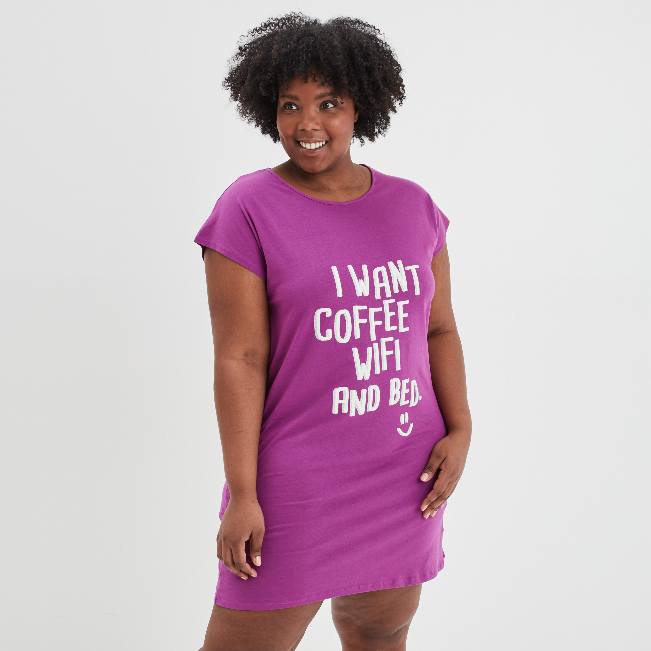 Chemise de nuit droite courte coton violet femme grande taille | La Halle