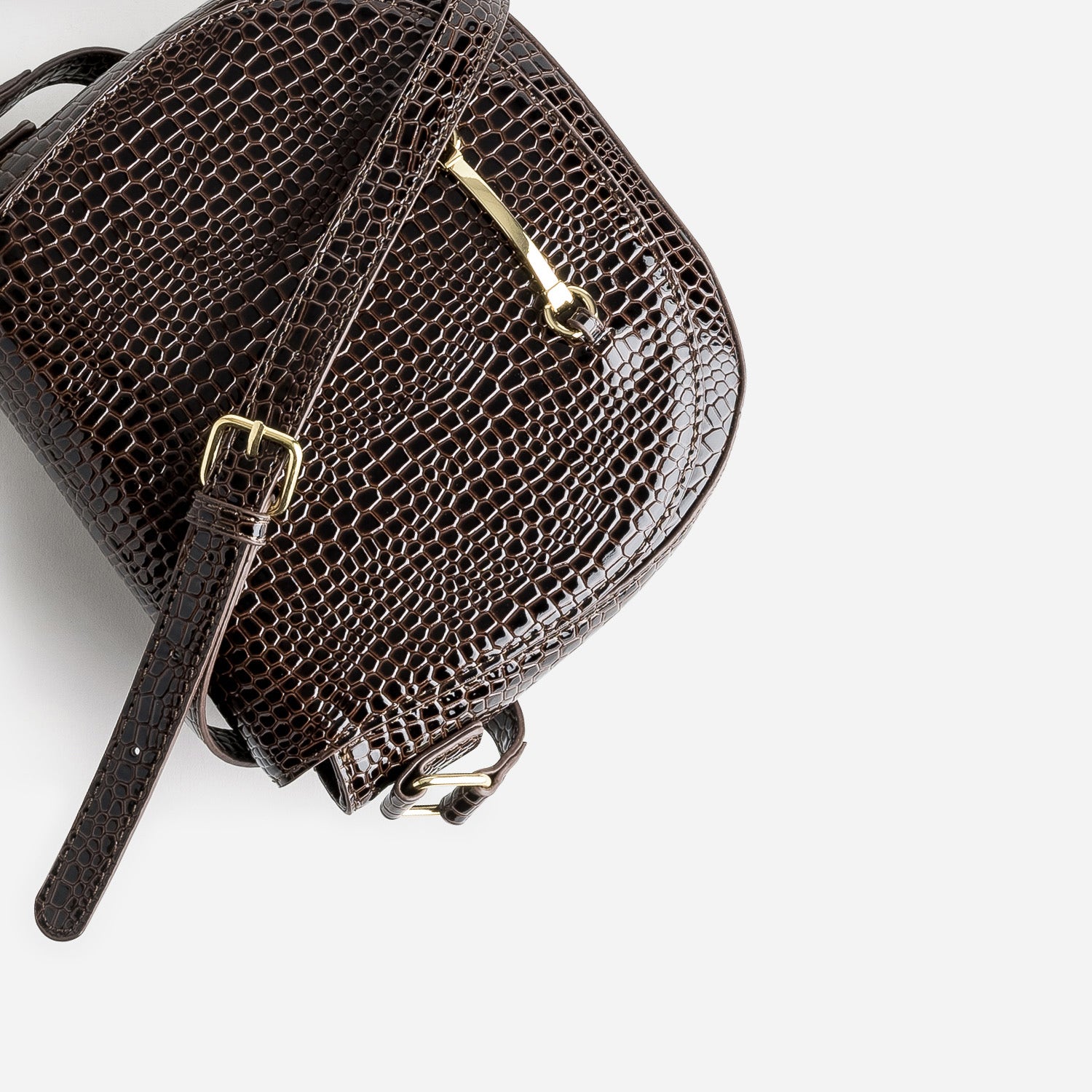 Sac bandoulière marron verni embossé effet python