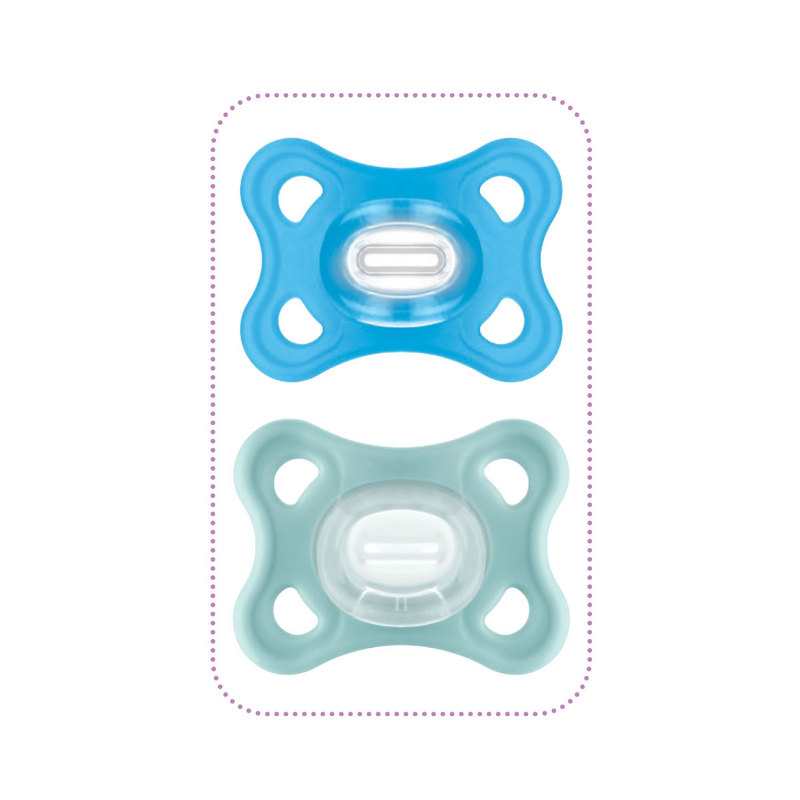 Lot de 2 sucettes Comfort en silicone 2-6 mois bleu et aqua avec boite de stérilisation MAM