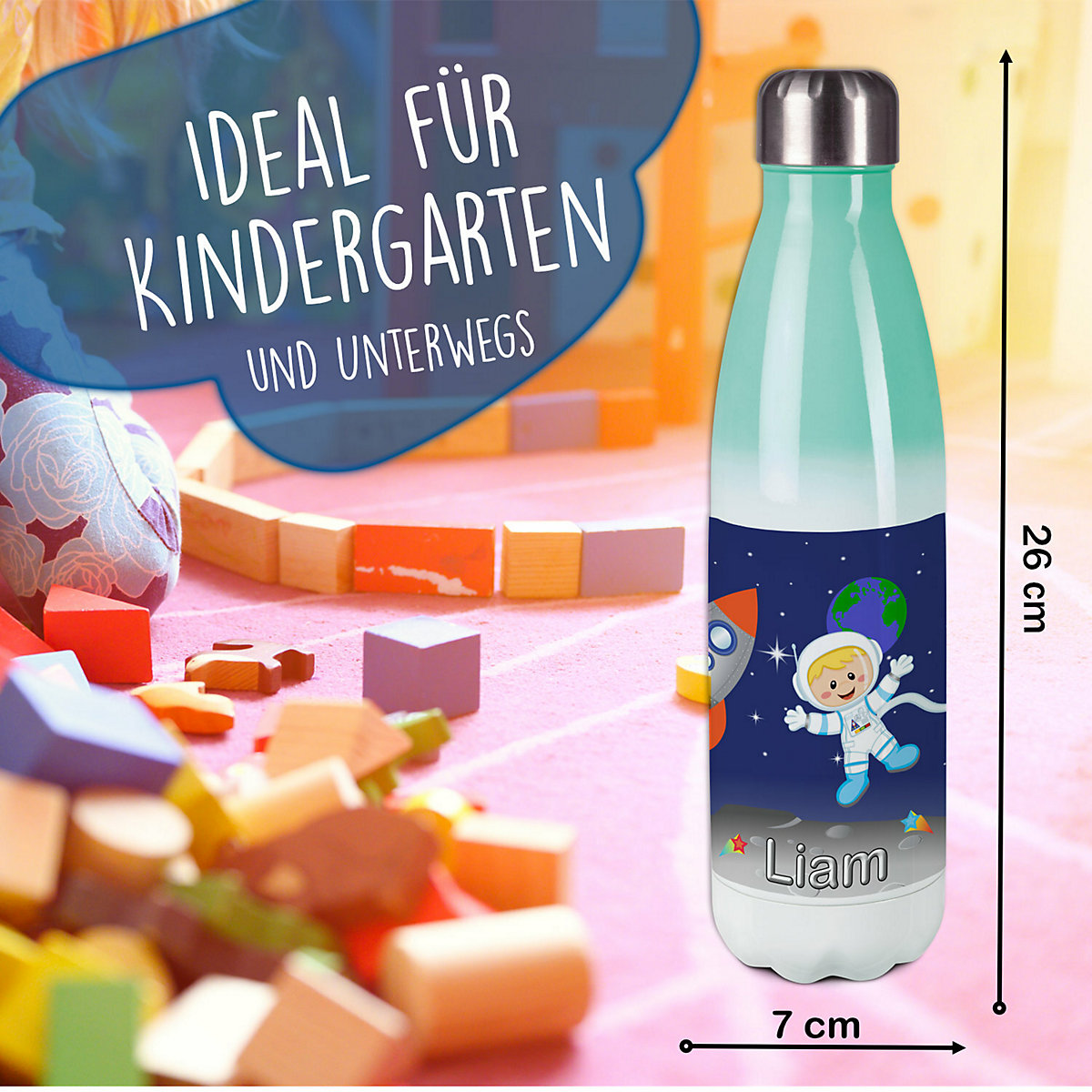 Edelstahl Kinder Thermoflasche / Trinkflasche bunt Weltall Spülmaschinenfest, Auslaufsicher, Bruchfest, Doppelwandig, Für Heißgetränke geeignet, Mit Deckel, Isoliert