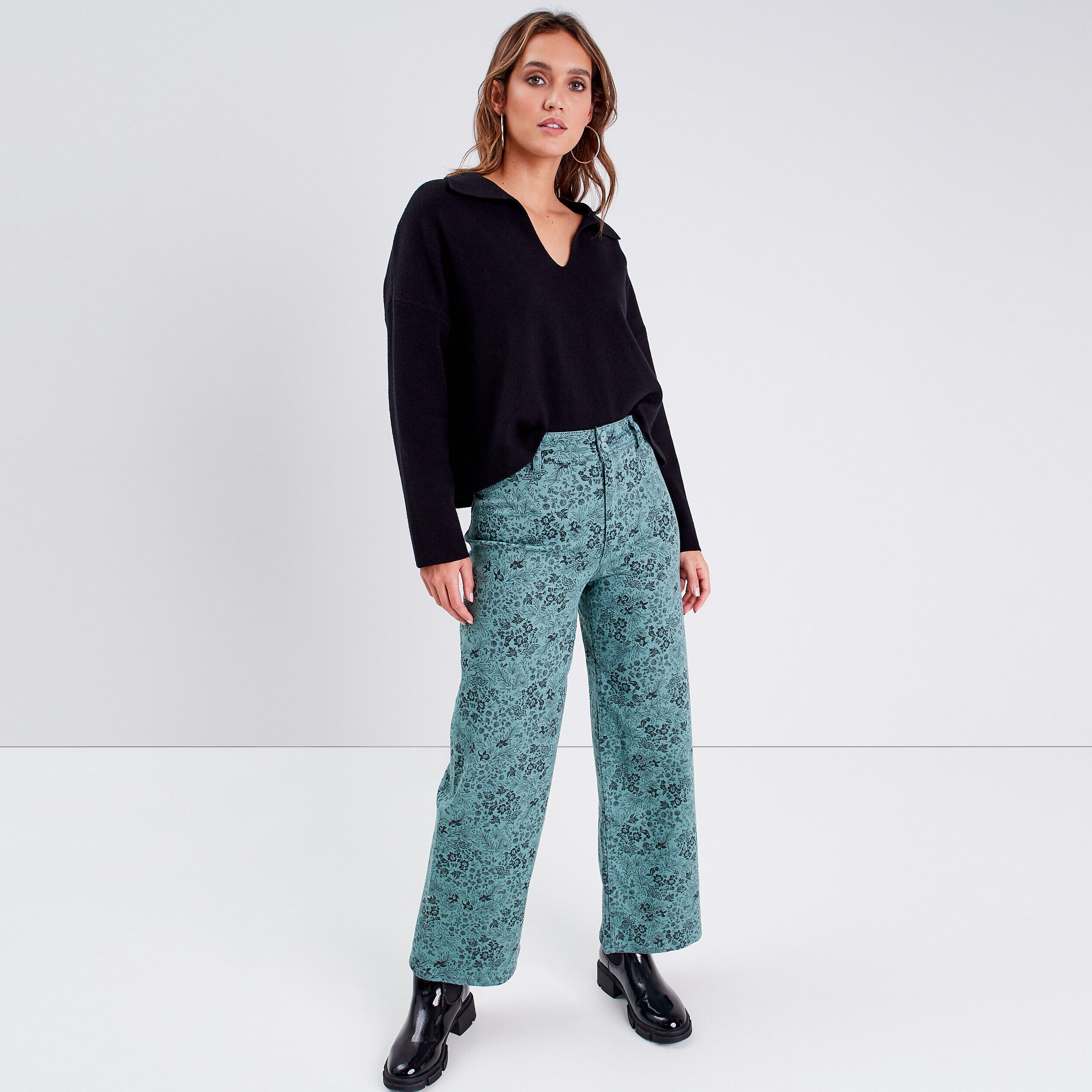 Jeans large taille haute vert femme | Cache Cache