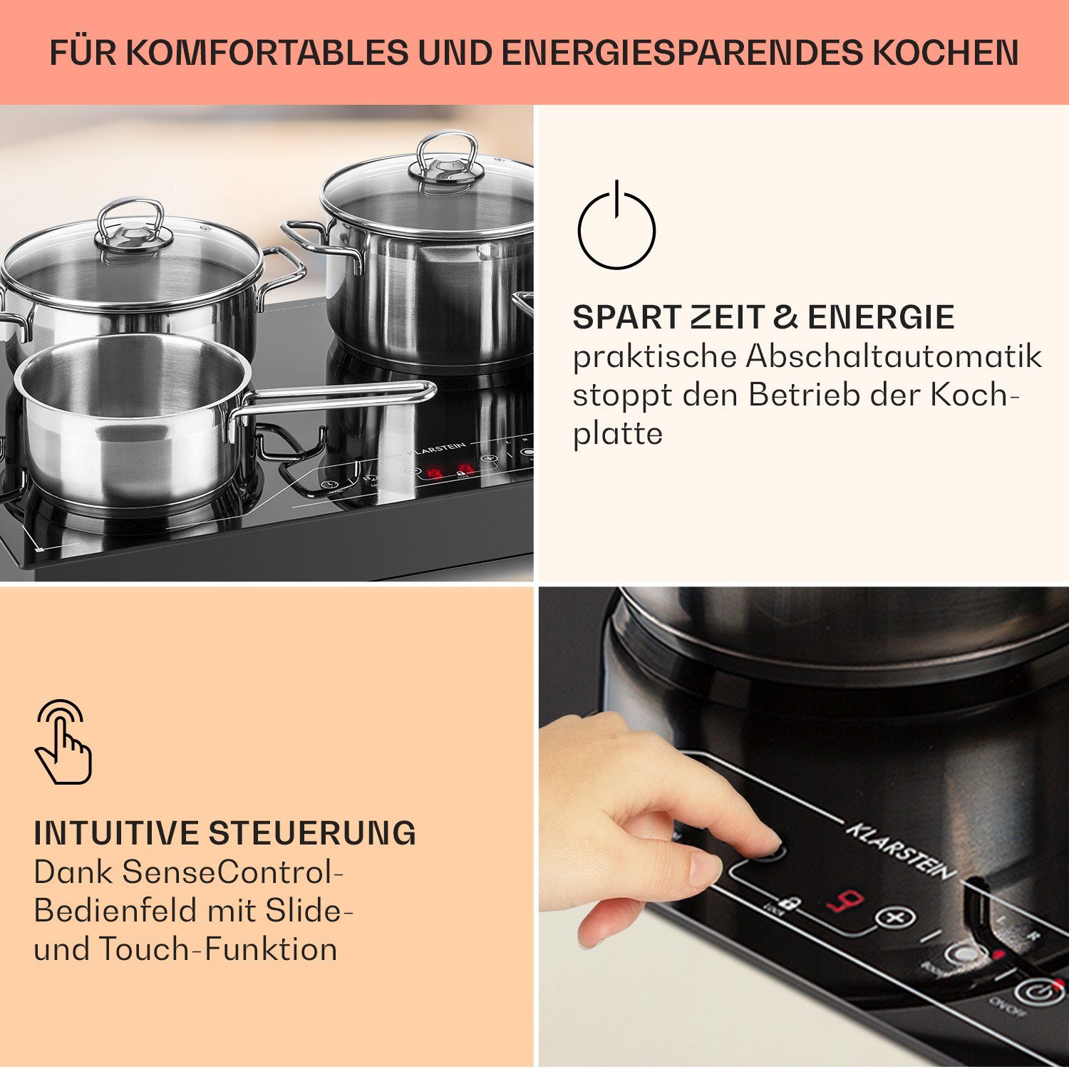Klarstein Induktions-Kochfeld Deejay Freizonen-Induktionskochfeld 3500 W Glaskeramik Touch schwarz CP5-Deejay, Freizonen Induktionskochfeld Einbau Induktionsherd Kochplatten Herd