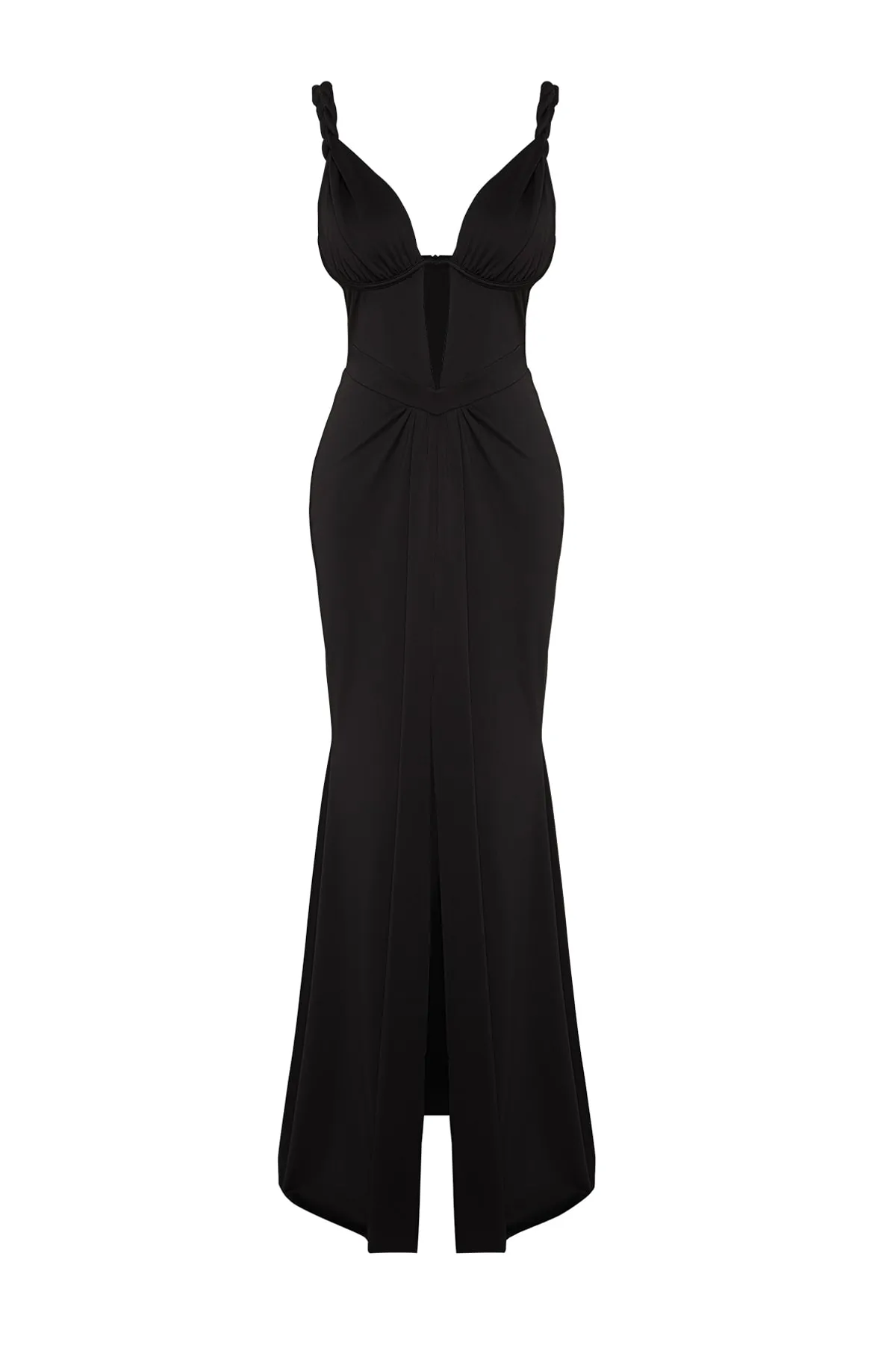 Trendyol Collection  X Zeynep Tosun Schwarzes, figurbetontes Abend- und Abschlusskleid mit tiefem V-Ausschnitt TCLSS23AE00012